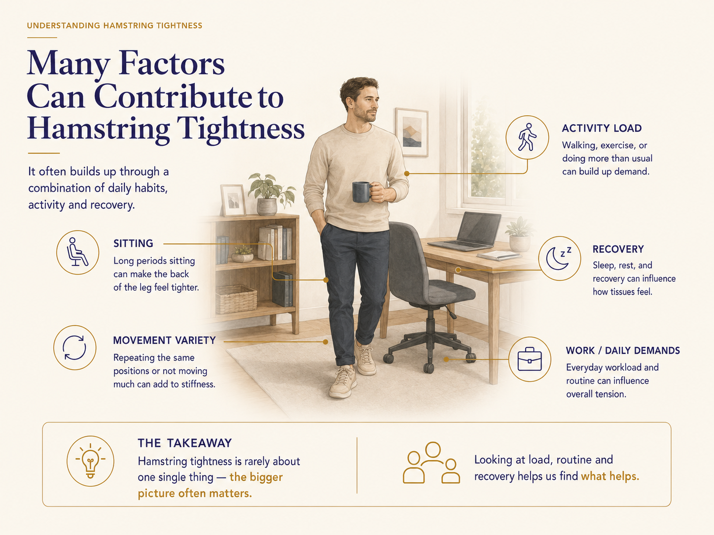 educational info-graphic of a man standing comfortably in a room with insights on what factors cause hamstring discomfort
