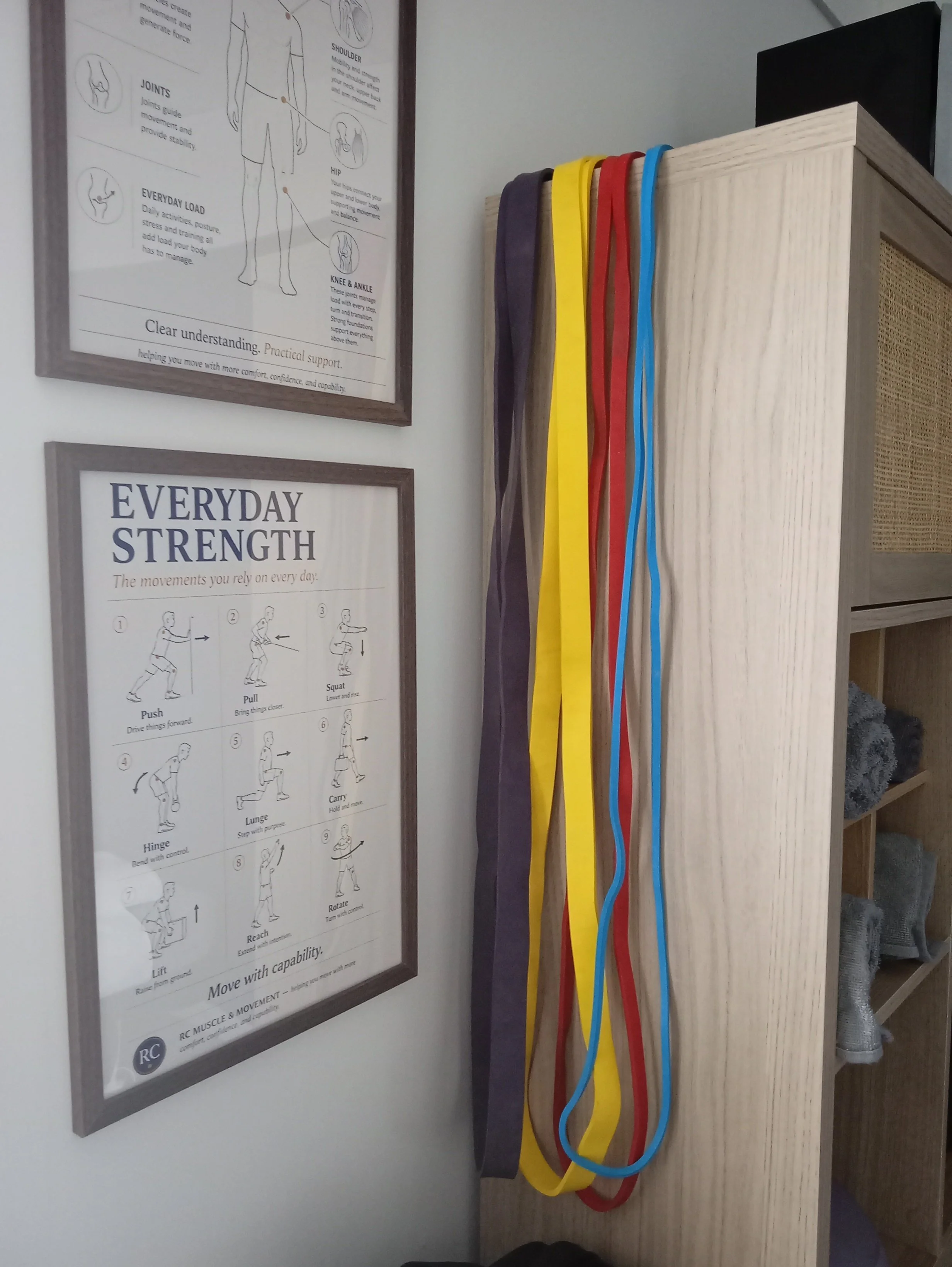 picture frames within rc muscle and movement sports therapy clinic in east kilbride showing educational content on everyday strength and msk