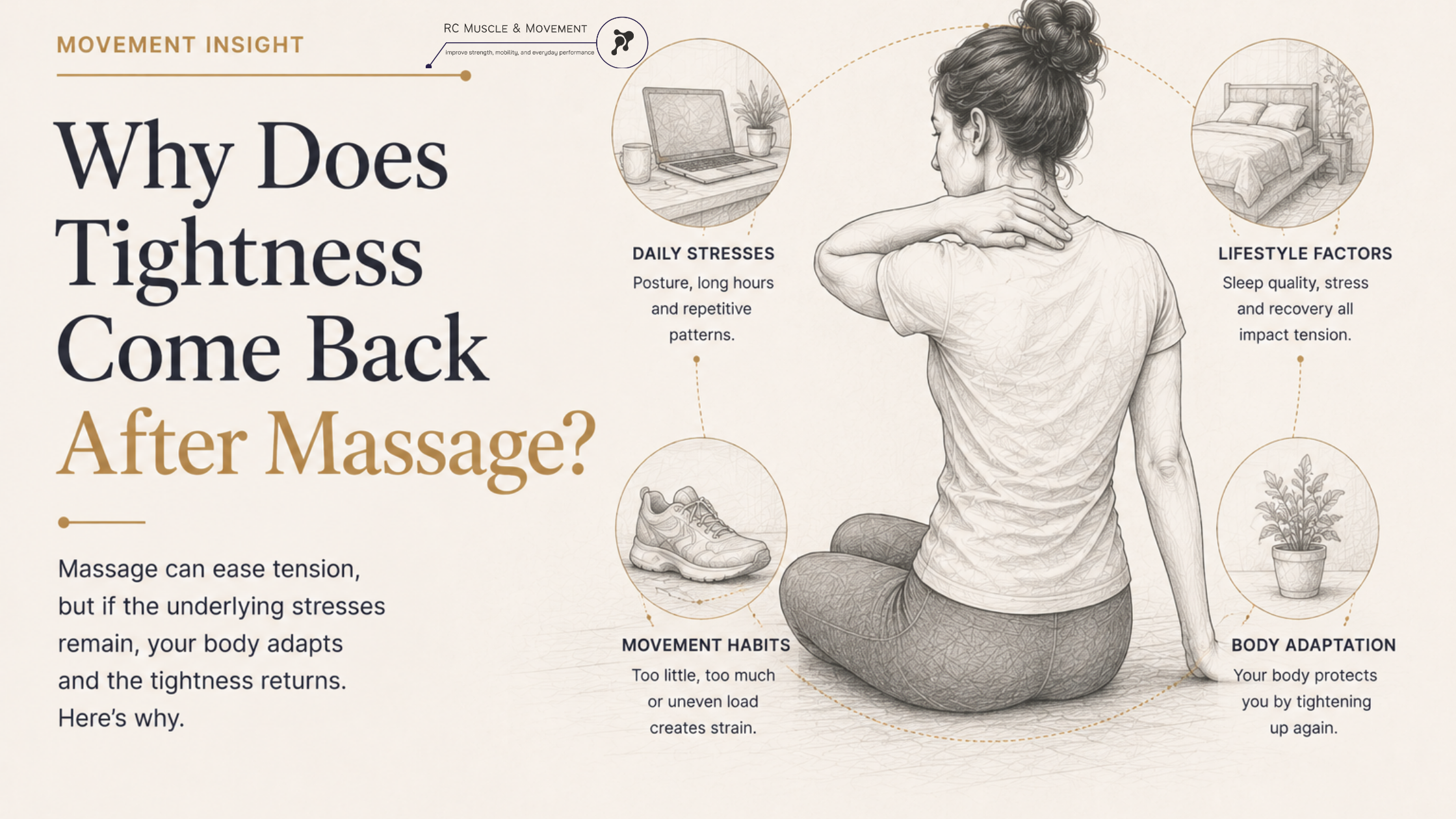 educational illustration of woman sitting holding neck to indicate muscle tension in neck with insights dotted around