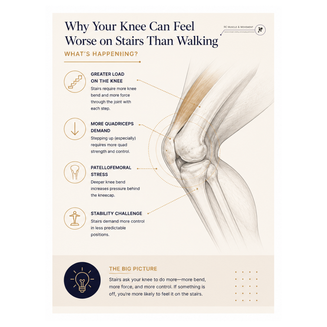 Educational illustration explaining how stairs increase knee bend, muscle demand, joint loading and stability requirements compared with everyday walking.