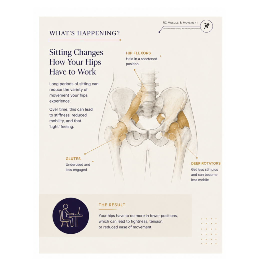 Educational diagram showing how prolonged sitting can influence hip flexors, glutes and deep hip muscles, contributing to stiffness and reduced movement variety.
