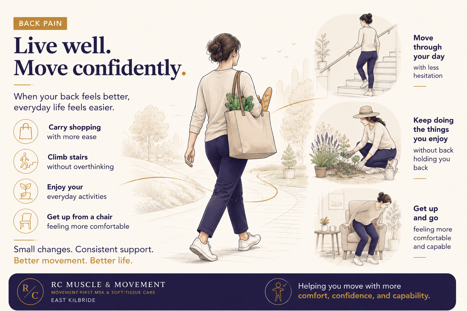 illustration of woman doing activities back pain free and comfortably