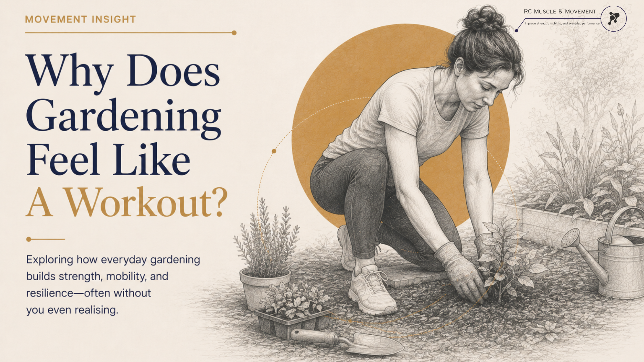 illustration of woman squatting down doing gardening with the text why does gardening feel like a workout
