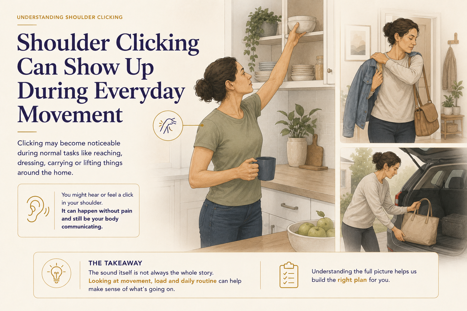 illustration of woman reaching into cupboard and small little shoulder joint indicating woman's shoulder has clicked or popped from movement