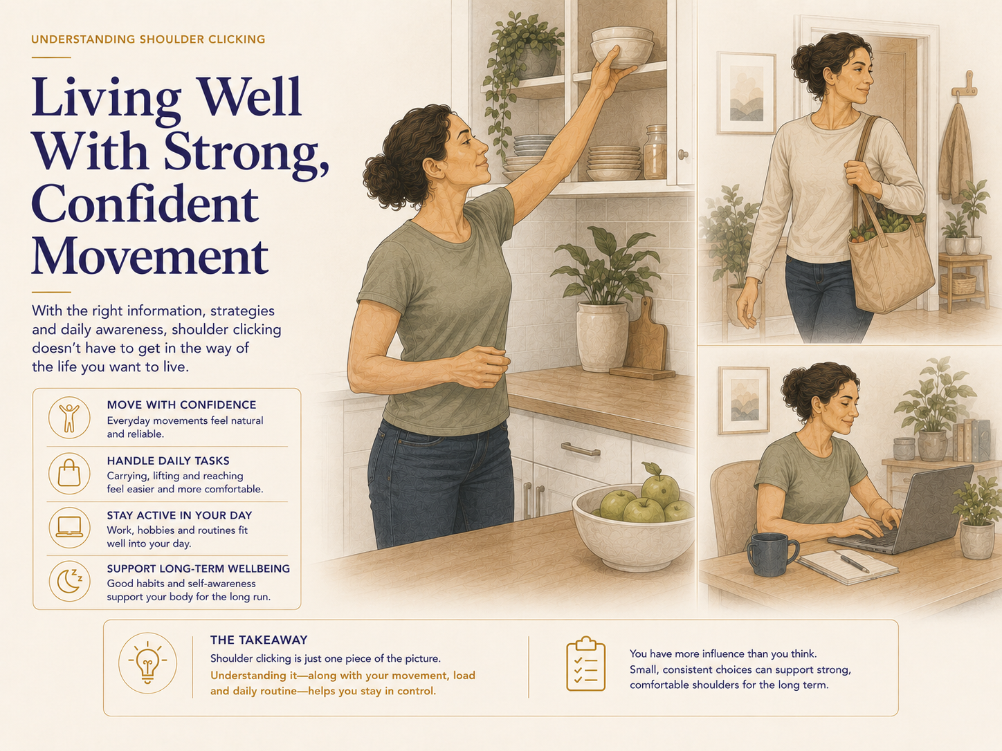 illustration of woman recovering and moving well and living with shoulder clicking with ease