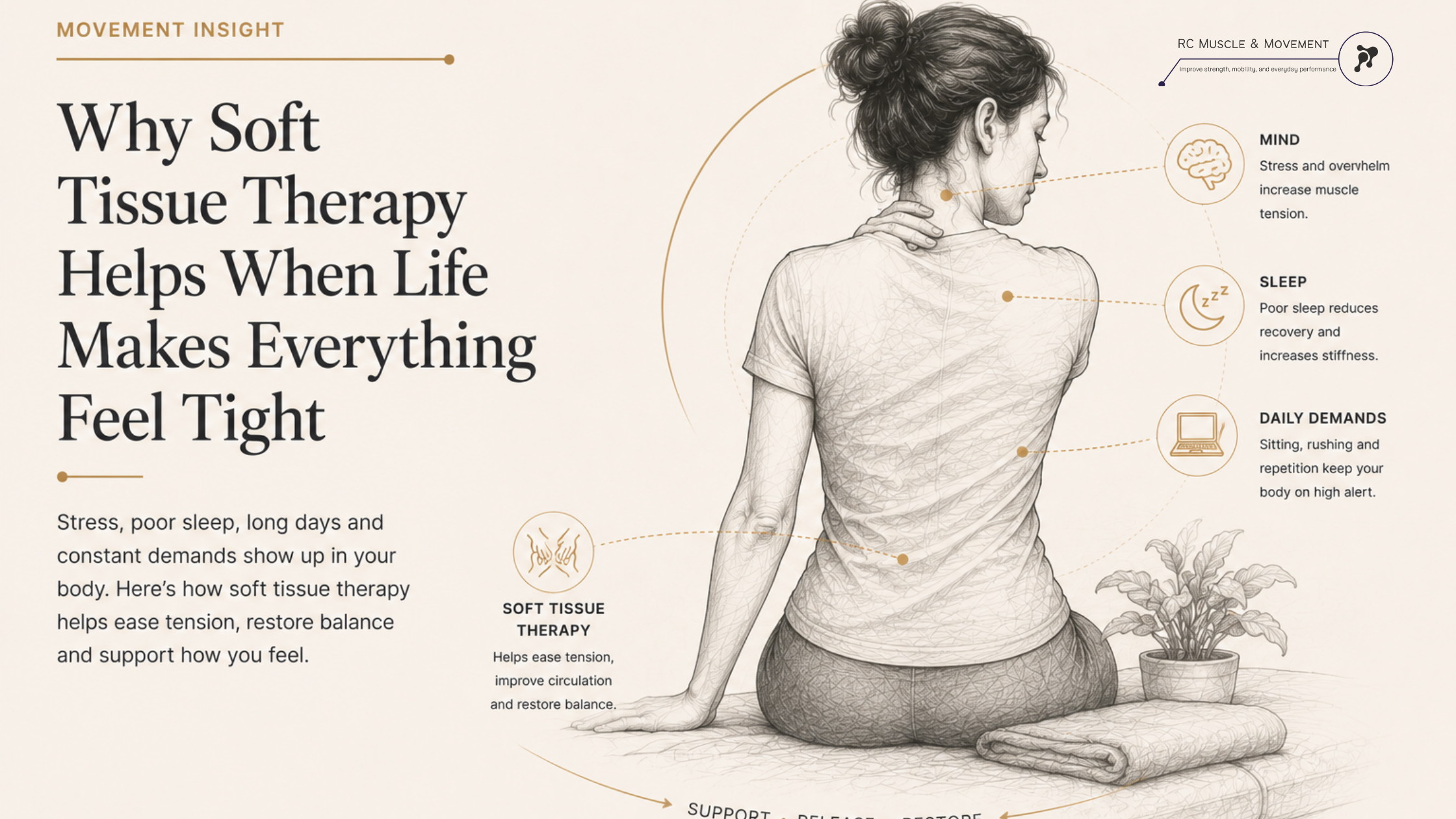 educational illustration of woman holding neck because of neck tension and info graphic info on why such as daily demands and sleep