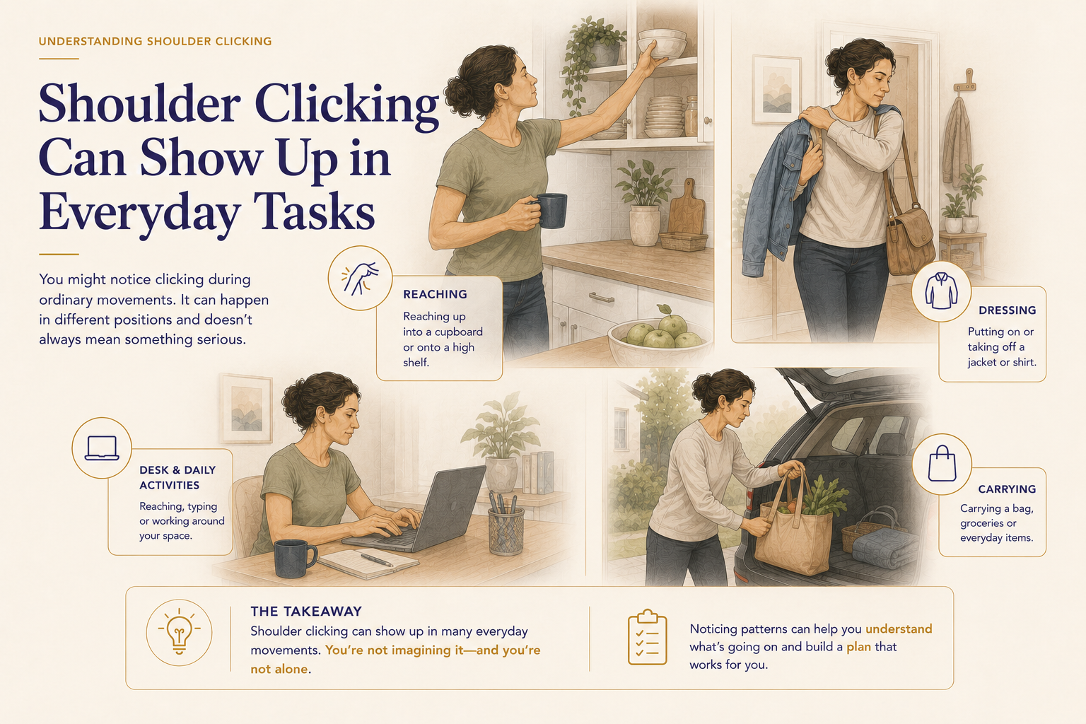 educational illustration how in daily tasks we might notice shoulder clicking such as reaching or sitting over a laptop at a desk