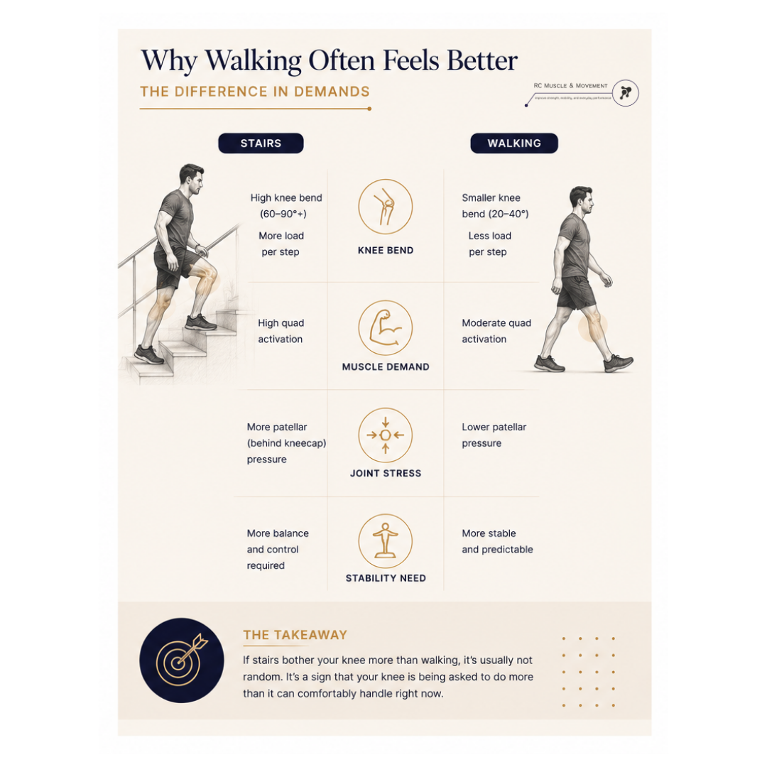 Comparison graphic showing the different movement and loading demands of stairs versus walking and why walking often feels more comfortable for the knee.