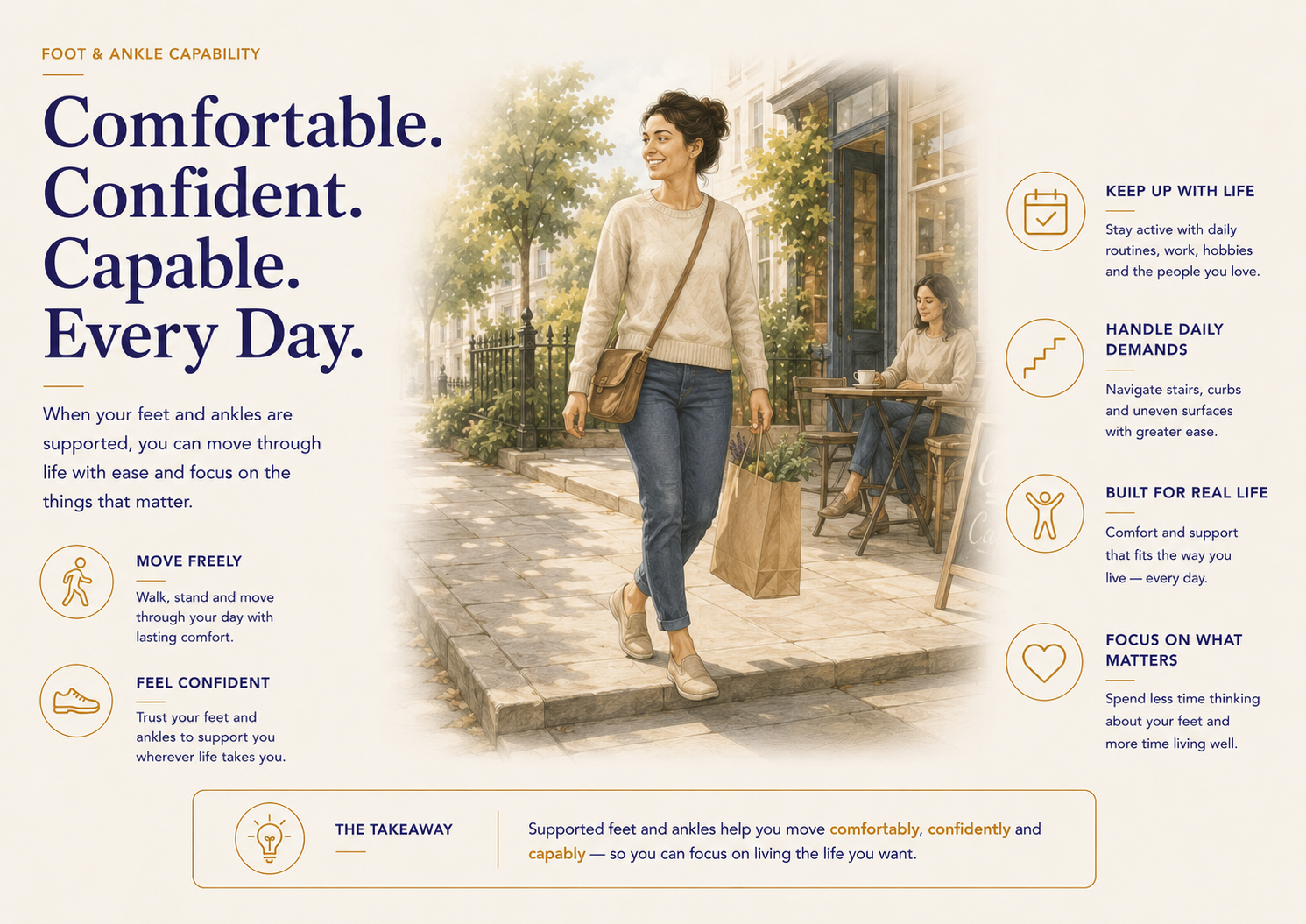 illustration of happy and capable woman walking after foot and ankle discomfort gone