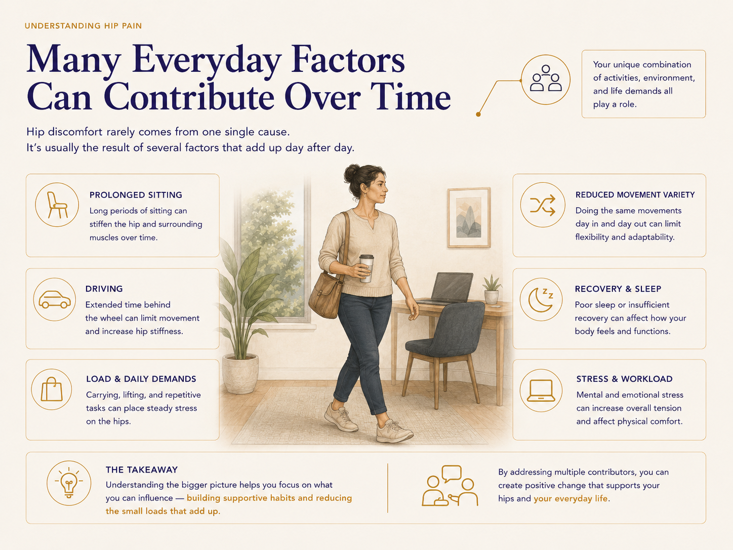 educational illustration of woman walking giving insight to factors cause hip pain