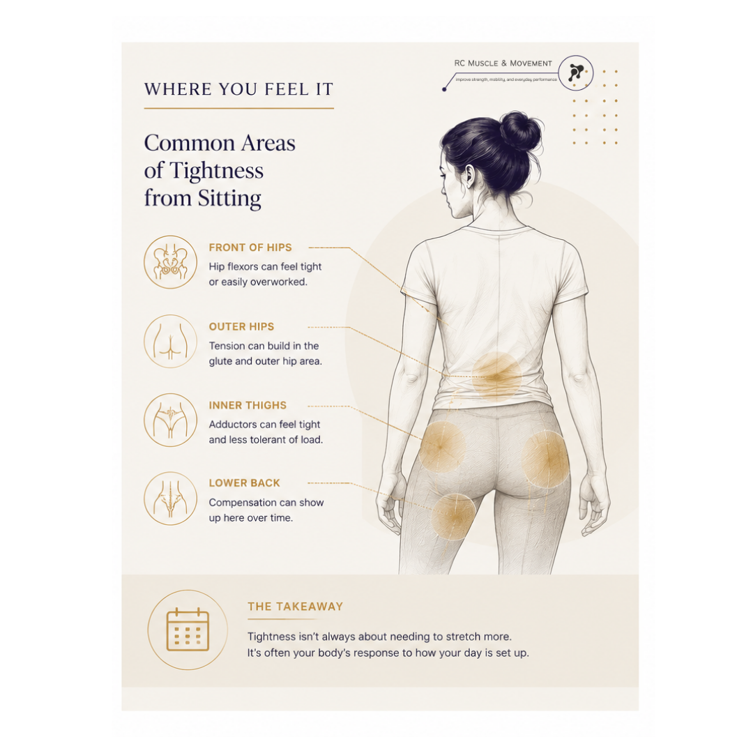 Educational illustration showing common areas where tension can build after prolonged sitting, including the front of the hips, outer hips, inner thighs and lower back.