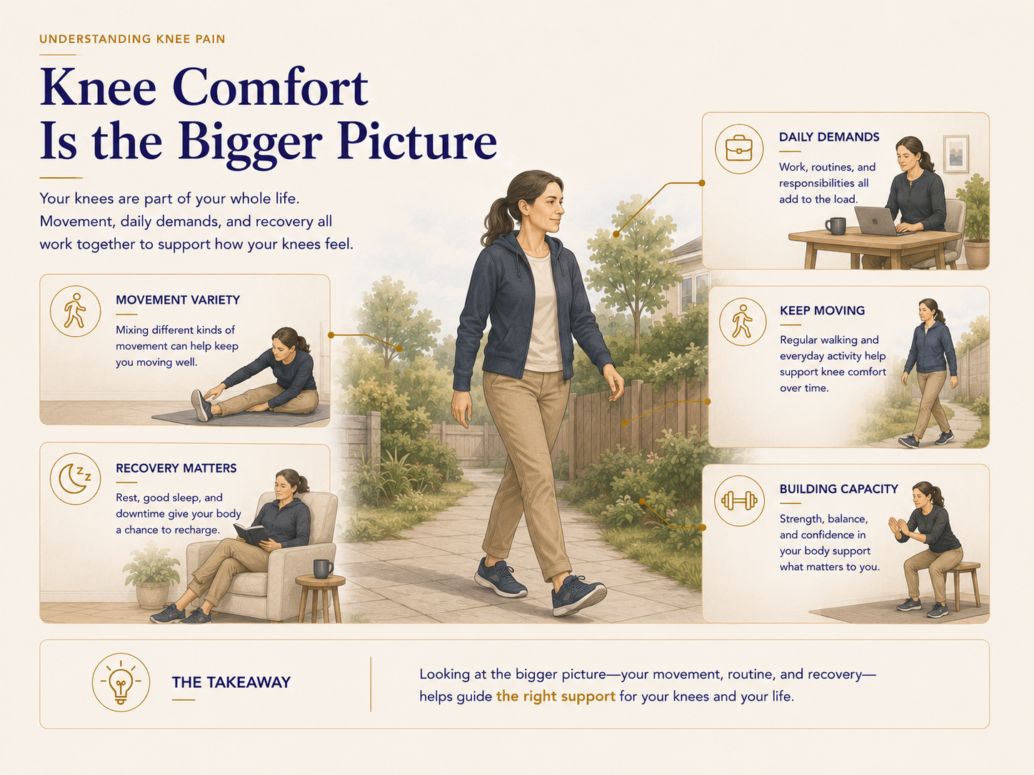 Educational graphic showing woman in comfort from building capacity and keeping moving