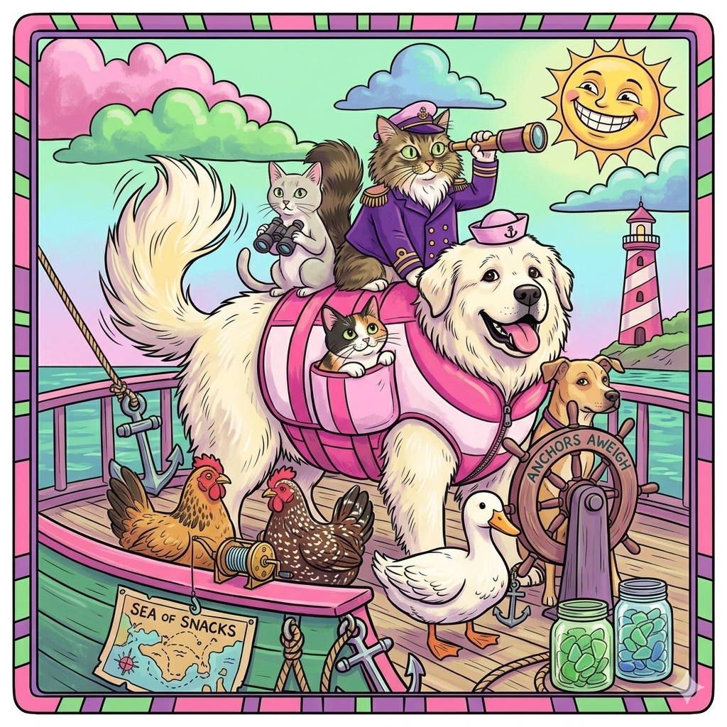 A cartoon scene on a ship featuring a large dog in a pink life jacket steering the ship, with various animals including cats, chickens, ducks, and a dog in a captain's hat on board. The sky has colorful clouds, a bright smiling sun, and a lighthouse in the distance alongside a sign that reads 'Sea of Snacks' and jars of snacks on the deck.
