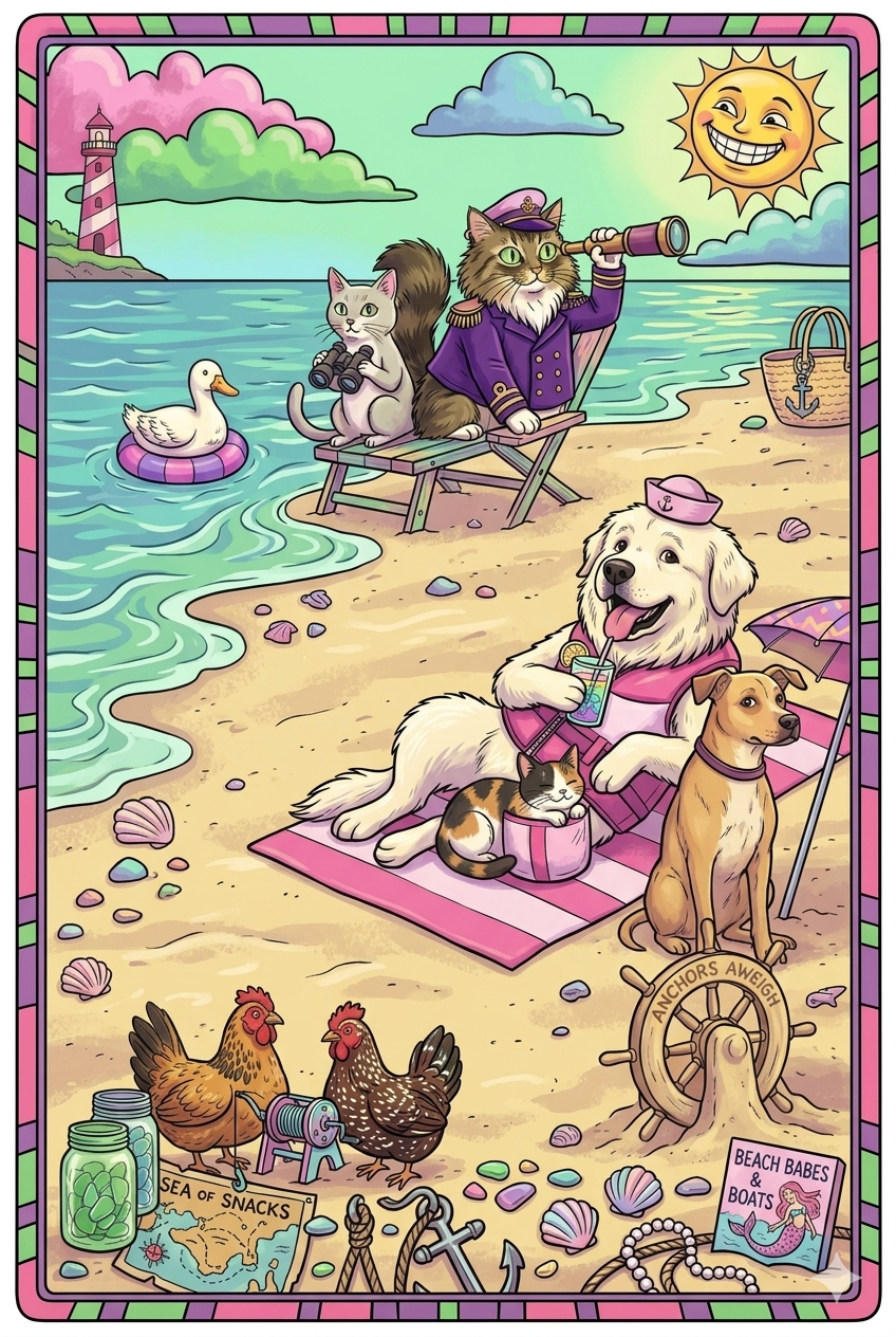 Colorful beach scene with a cartoon dog lounging on a pink towel, a cat with a drink, and a dog with binoculars watching the water. Two chickens, seashells, a map, and snacks are on the sand. The water has a duck on a pink float, and there is a lighthouse and a smiling sun in the background.
