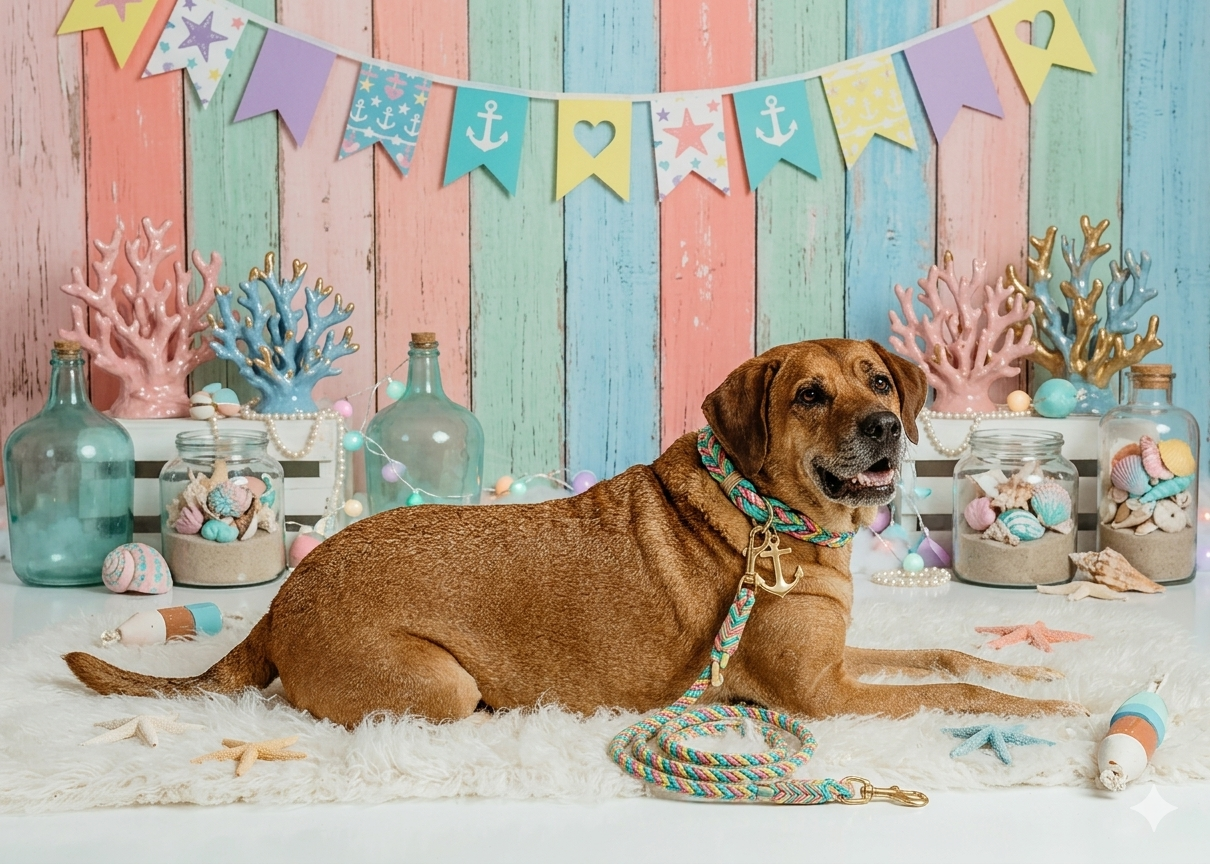 A brown dog with a colorful leash and anchor charm lies on a fluffy white rug in front of a beach-themed backdrop with pastel colored driftwood, seashells, starfish, and pastel corals, with a banner of paper flags in sea, pastel, and starfish patterns hanging above.