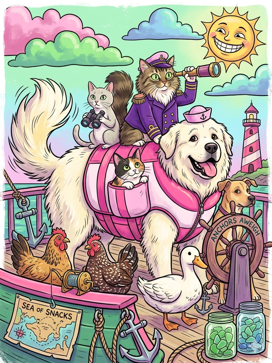 Cartoon of a cat captain and her crew on a ship, with a big happy dog at the helm. The dog wears a sailor hat and stands next to an anchor. Two chickens and a goose are on the deck, with jars of snacks labeled 'Sea of Snacks.' The captain cat, dressed in a purple uniform with gold epaulets, looks through a telescope, while a white cat with binoculars and a calico cat sit inside a pink barrel. The ship has a lighthouse in the background, a sun with a smiling face, and colorful clouds.