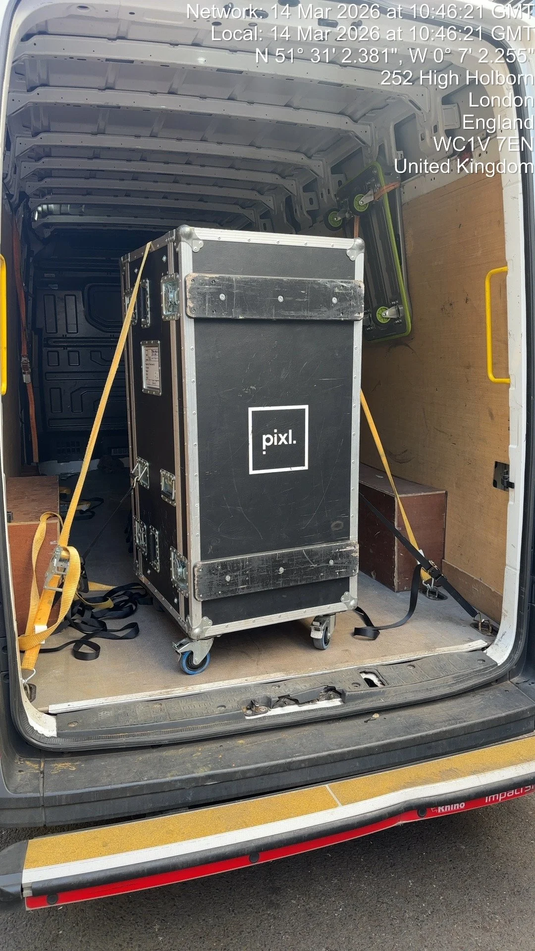 Film television and event production flight case secured inside a courier van