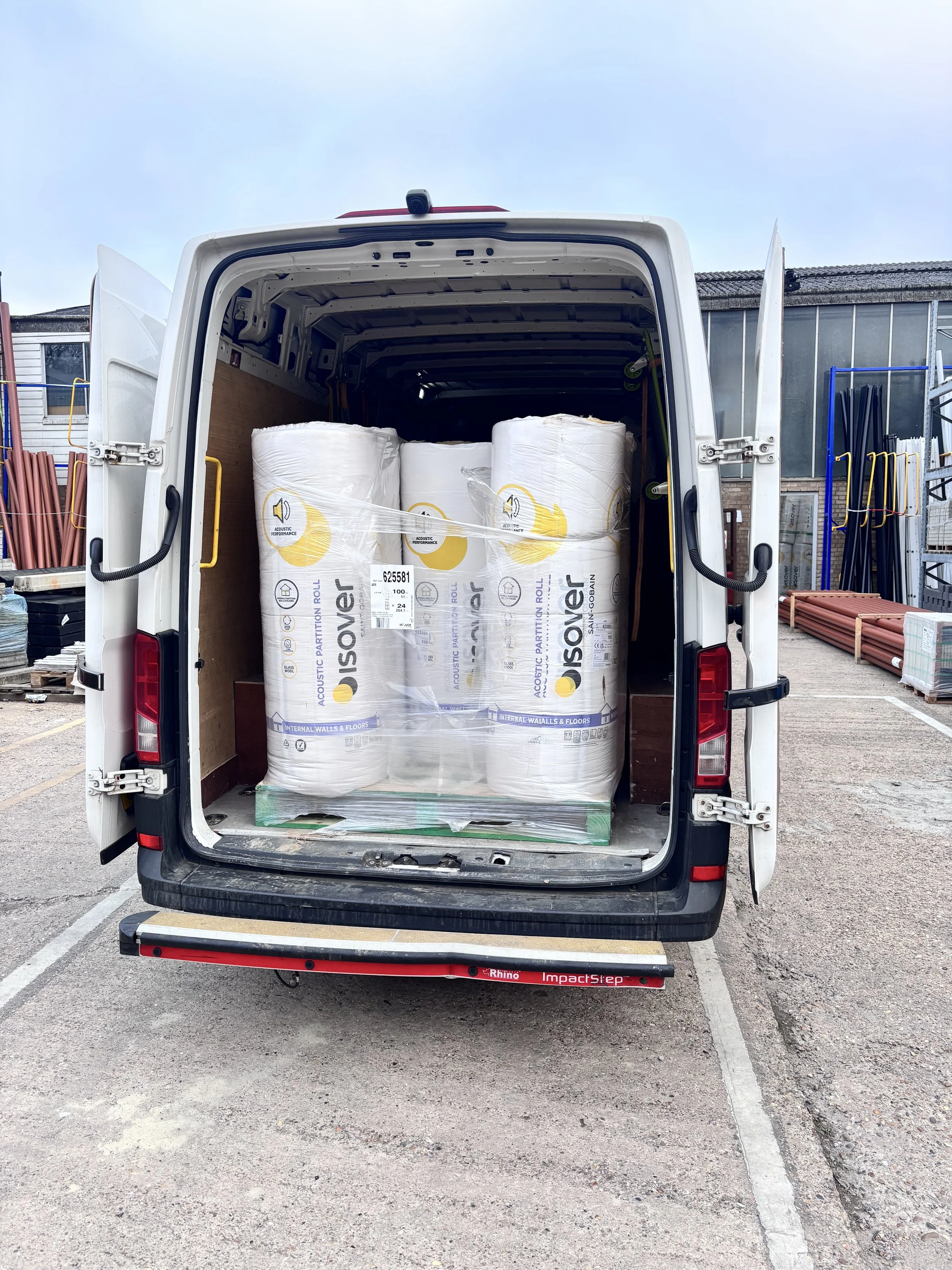 Large insulation rolls loaded inside an XLWB courier van for trade delivery