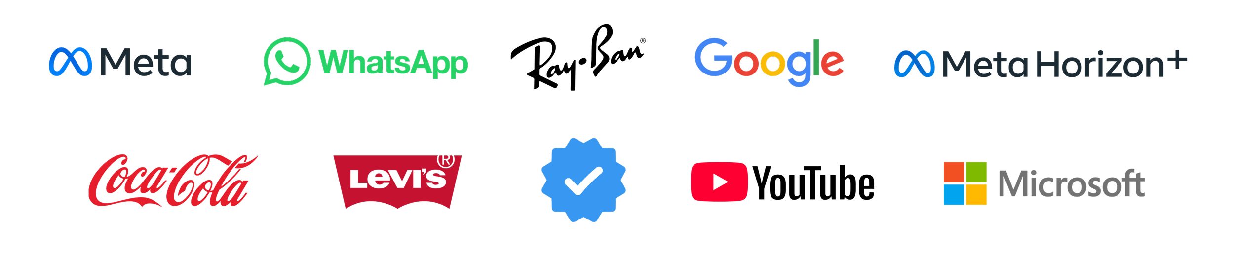 Logos of Meta, WhatsApp, Google, Meta Horizon+, Coca-Cola, Levi's, a verified badge, YouTube, and Microsoft on a black background with colorful horizontal lines.