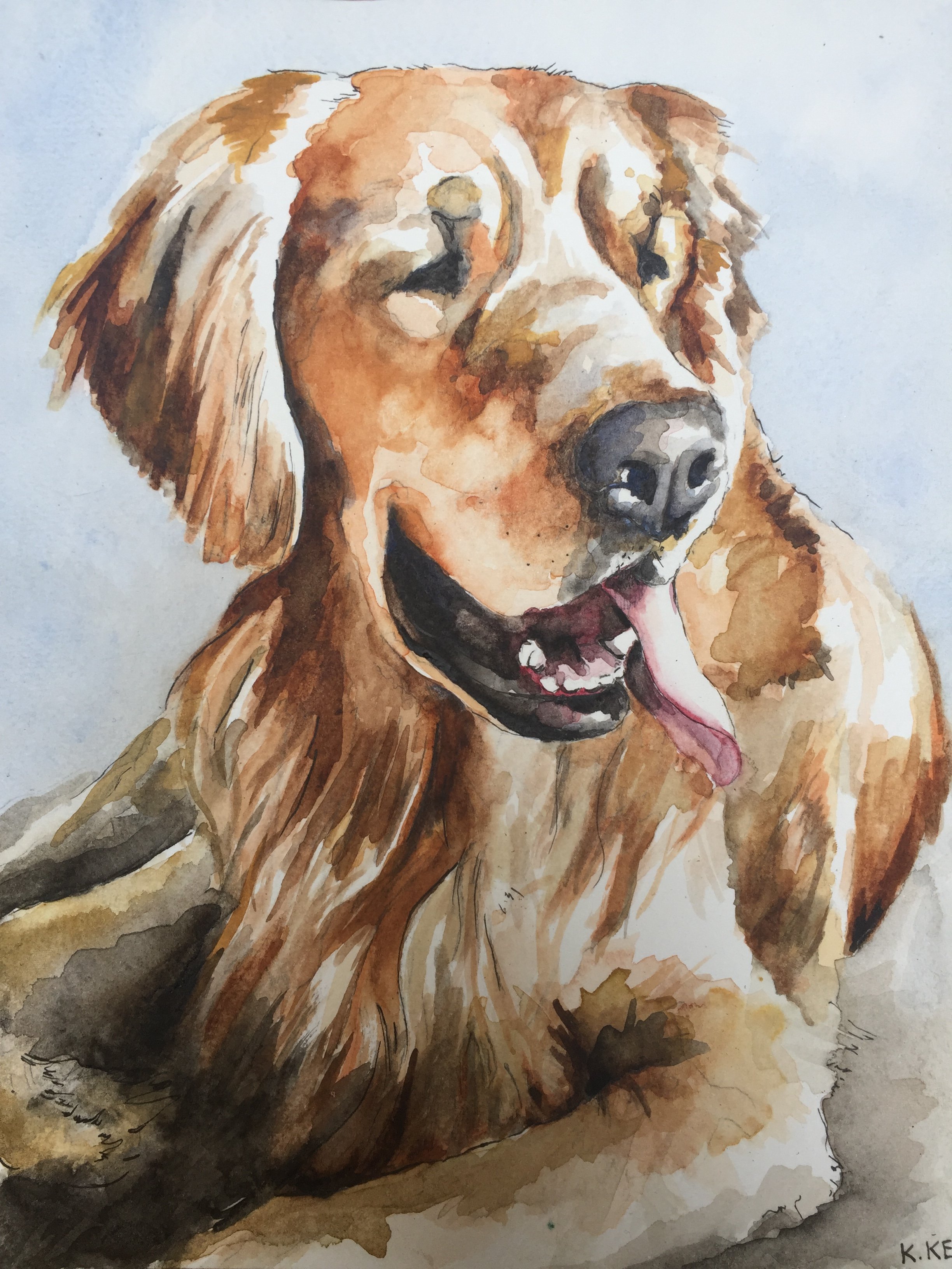 A watercolor painting of a happy golden retriever dog with its tongue hanging out, looking to the side.