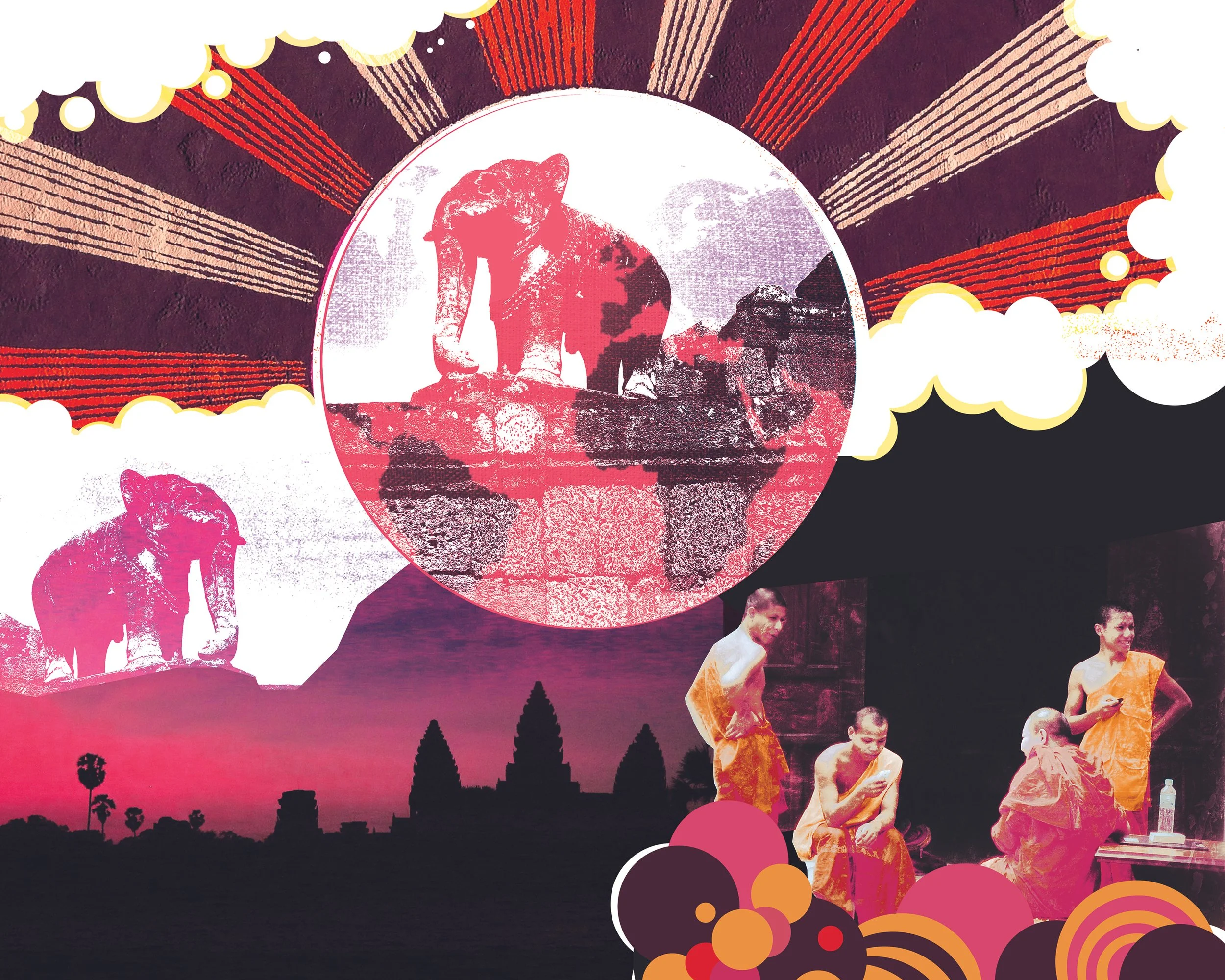 Silhouettes of people, including children, at an outdoor event with a large graphic background depicting a lion statue and a sunrise scene, with trees and temple silhouette at the bottom, and colorful decorative elements.