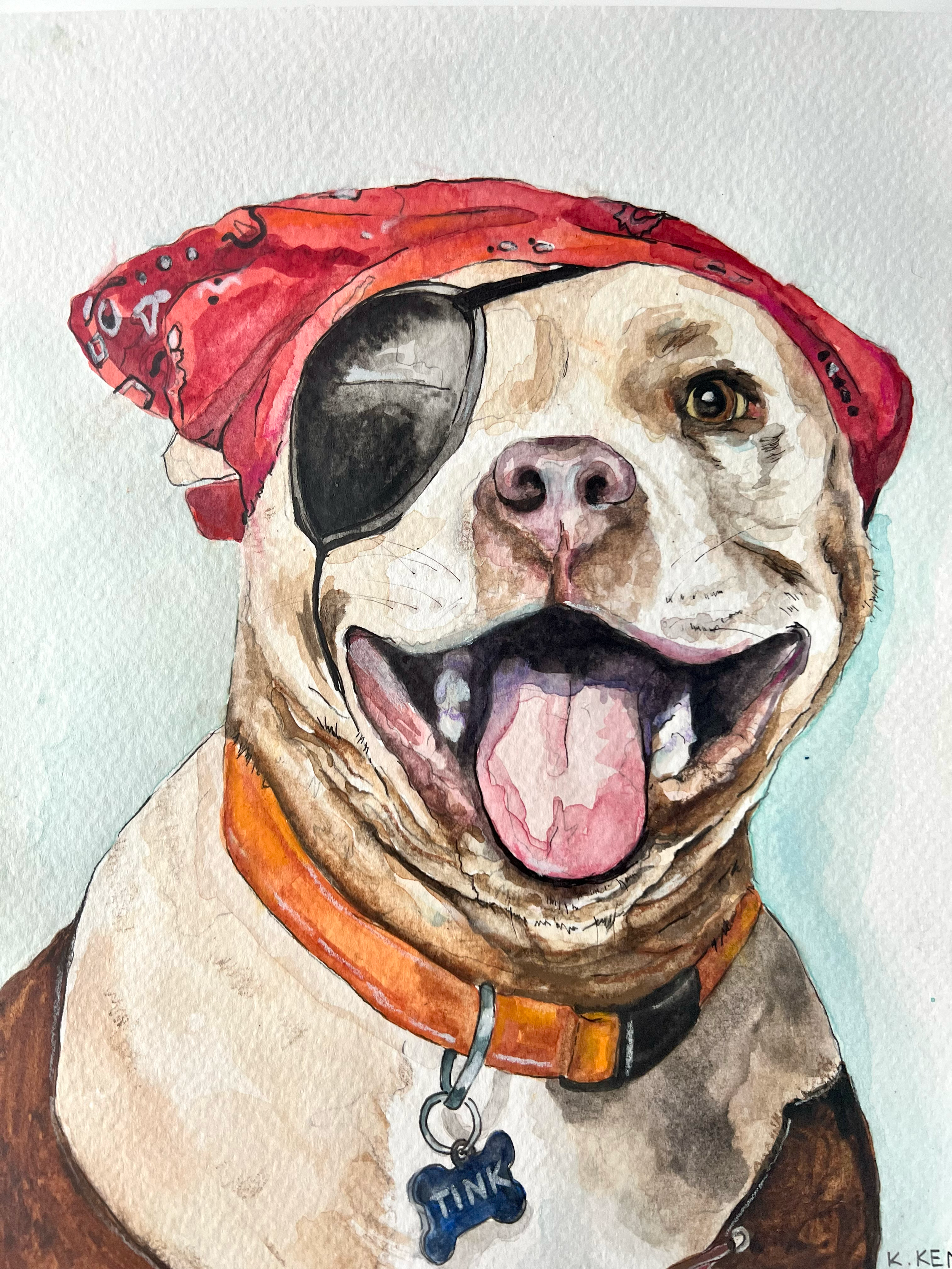 Watercolor painting of a happy dog wearing a red bandana and pirate eye patch, with its tongue out and a collar with a blue dog tag that says 'TINK'.