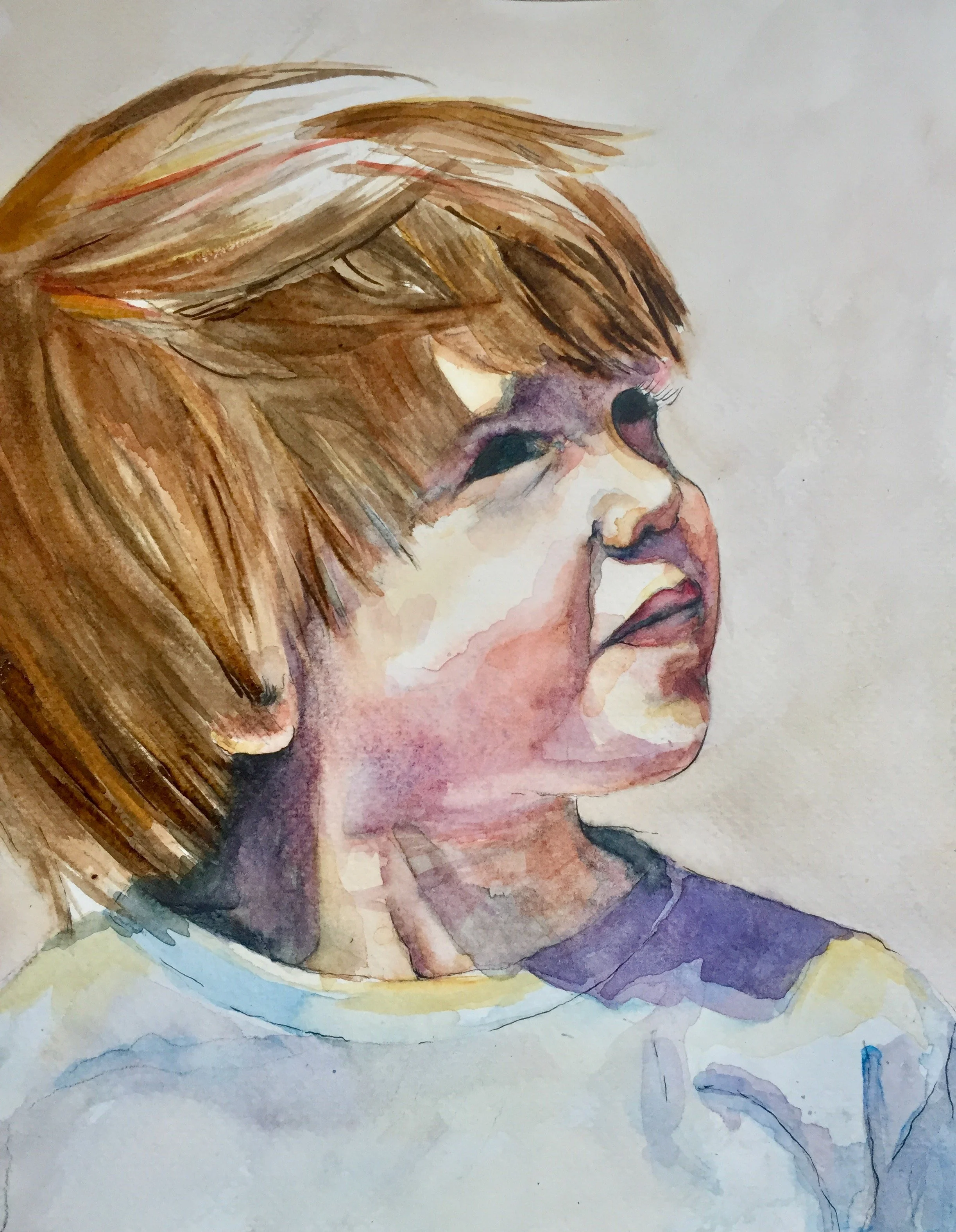 A watercolor painting of a woman's face in profile, with short brown hair and closed eyes, painted with soft, blended colors and gentle brushstrokes.