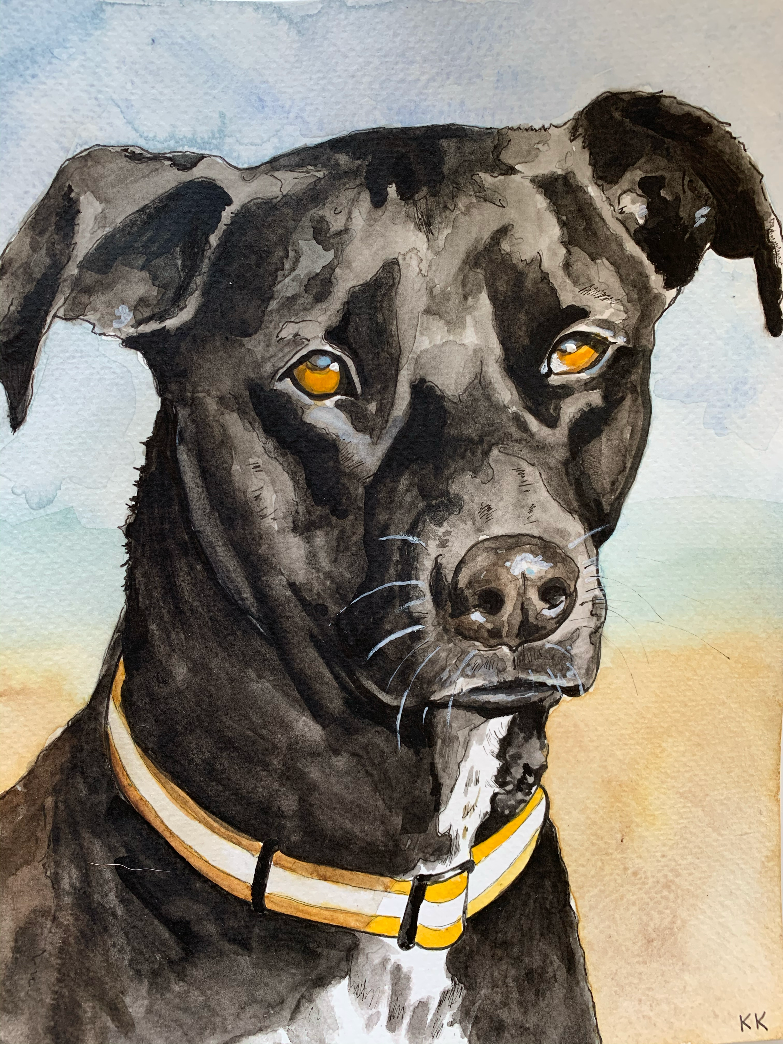 A watercolor painting of a black dog with amber eyes wearing a yellow and white striped collar, depicted from the shoulders up with a neutral background.