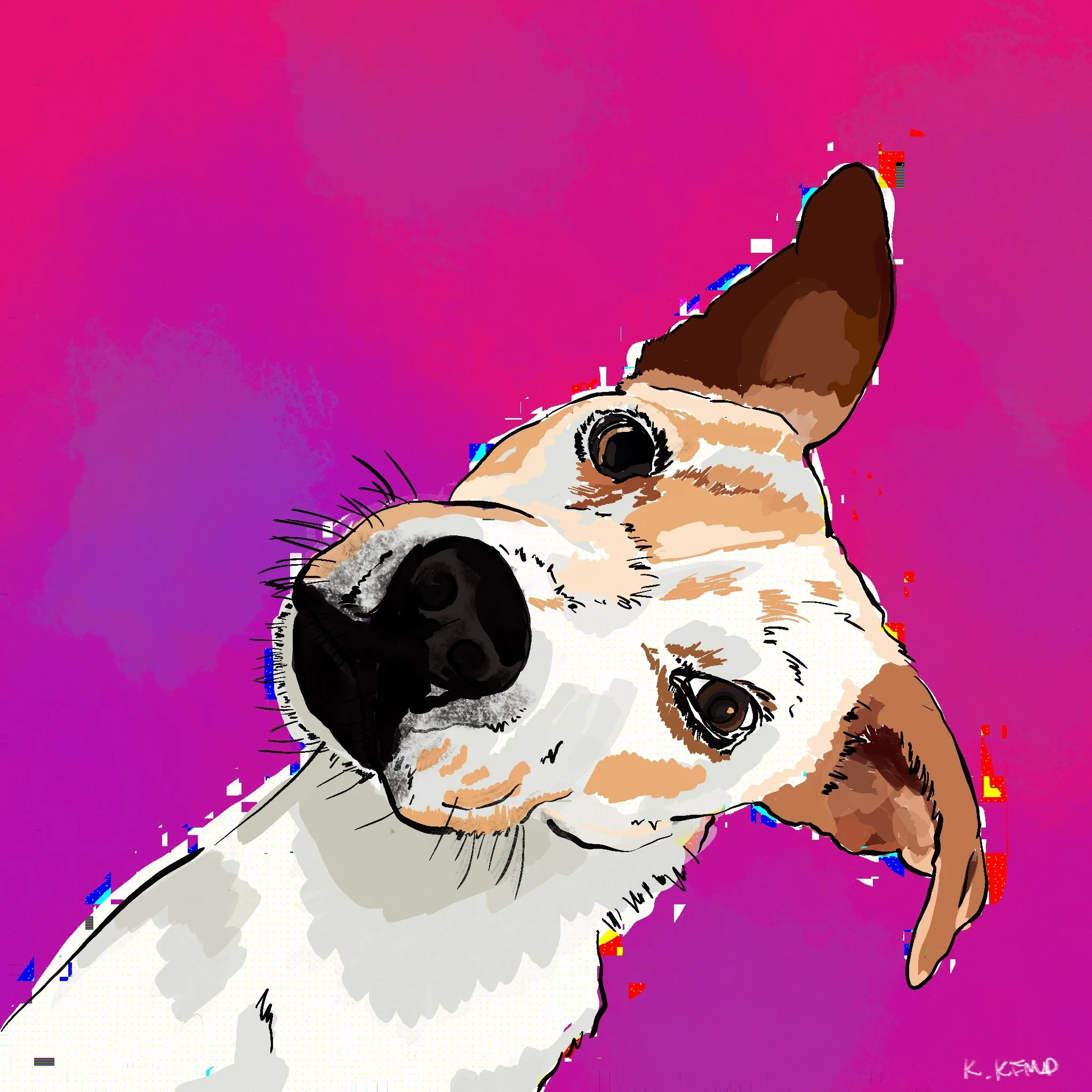Colorful digital illustration of a dog, likely a Jack Russell Terrier, with a pinkish-purple background, signed by K. Kemp in the bottom right corner.