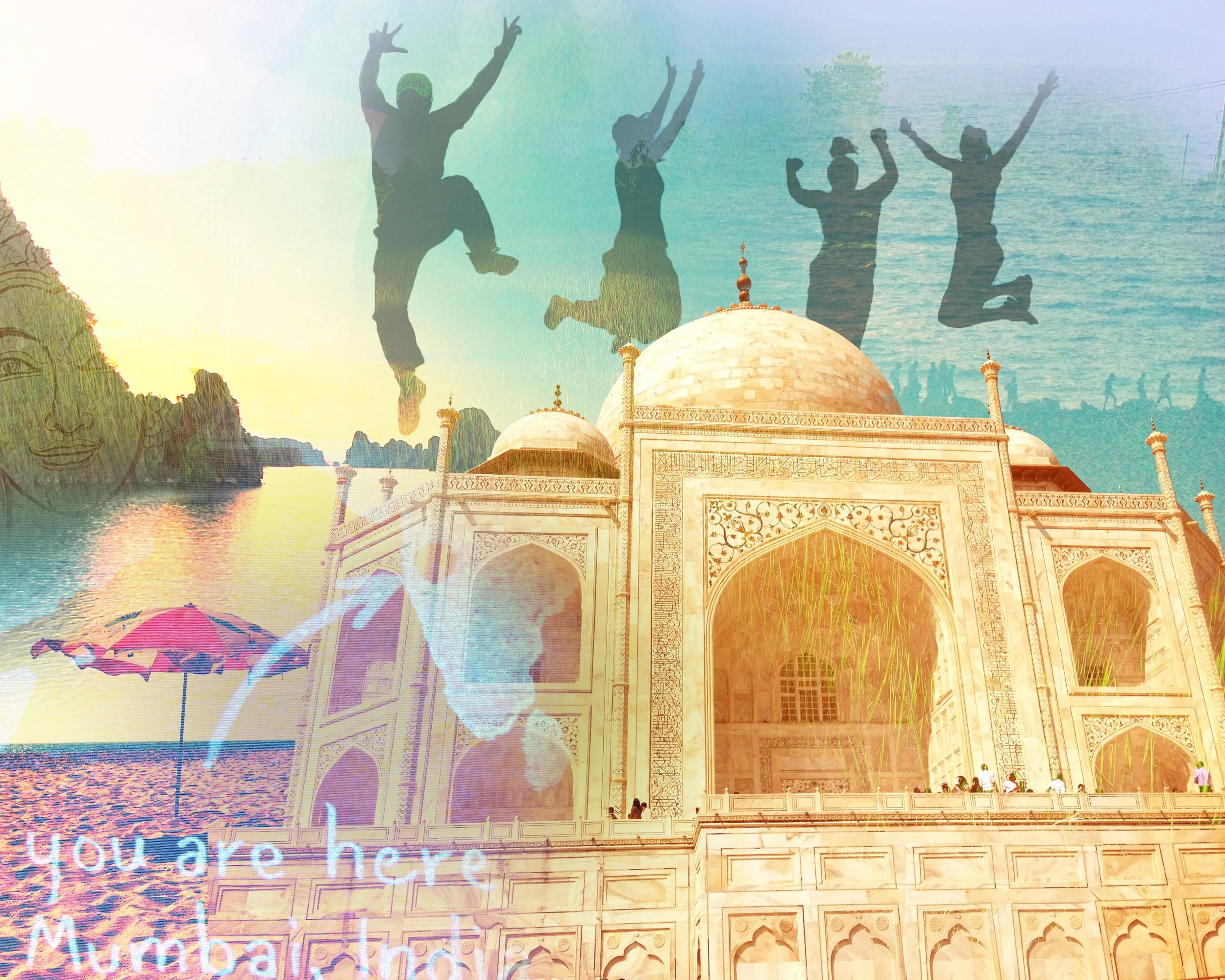 Silhouettes of five people jumping in the air in front of a white marble monument with domes and columns, set near water with a partly cloudy sky. Overlaid with colorful, semi-transparent filters and partial text reading 'you're here'.
