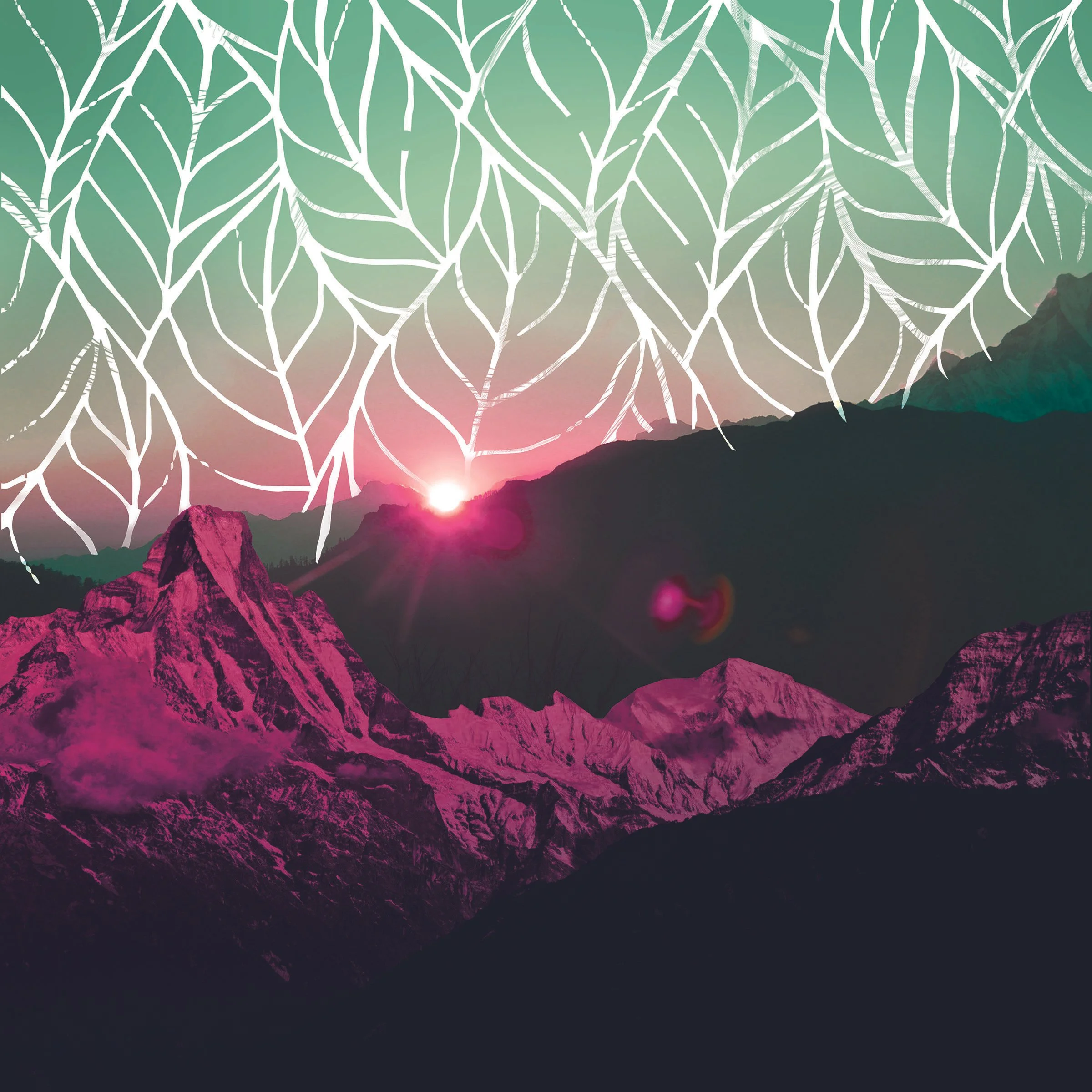 Stylized landscape with pink mountains in the foreground, layered dark mountains in the middle, and a colorful gradient sky with a setting or rising sun in the background. White, abstract, leaf-like patterns overlay the sky.