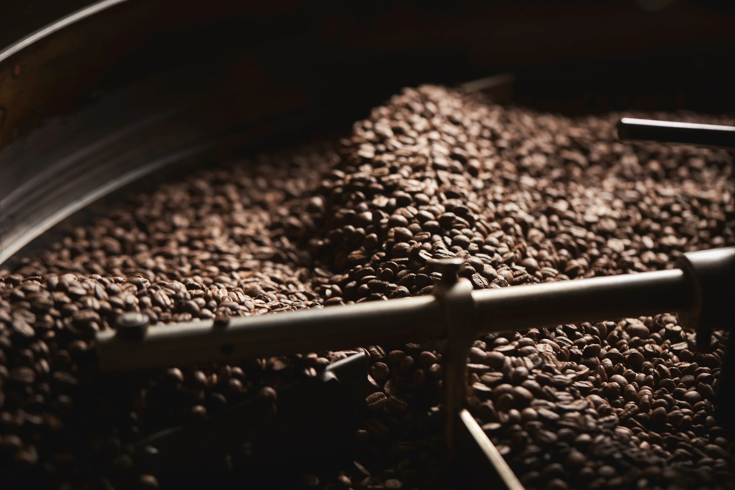 Coffee beans being roasted in a large drum roaster.