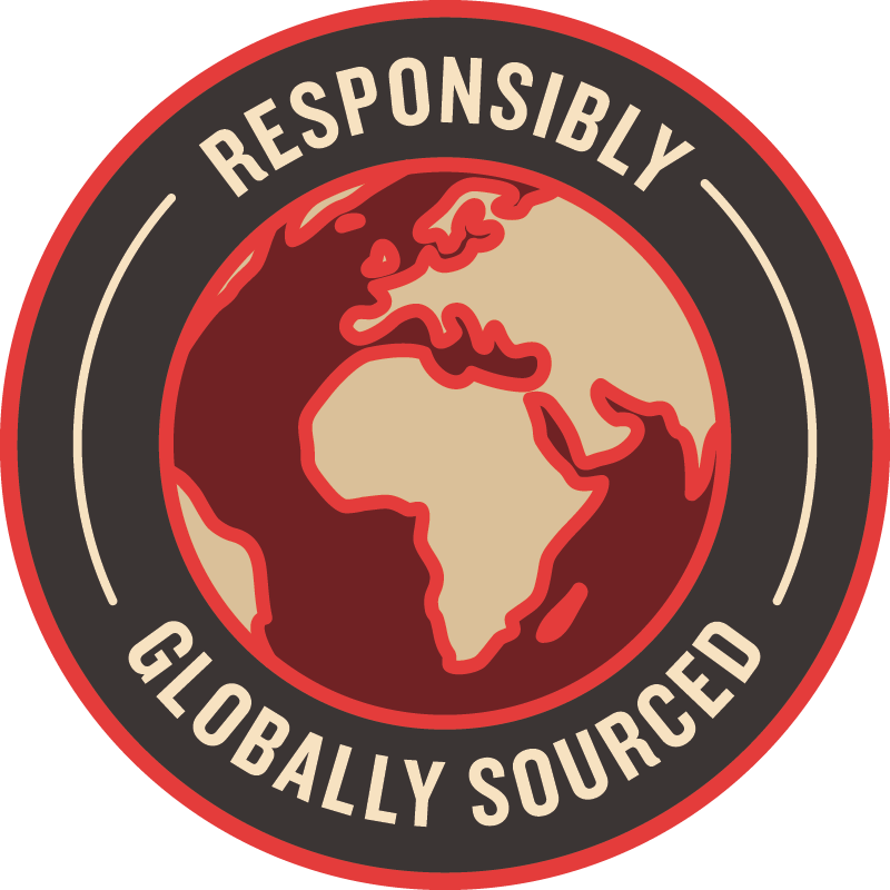 Logo with a globe emphasizing Africa and Europe, with the words "Responsibly Globally Sourced" around it.