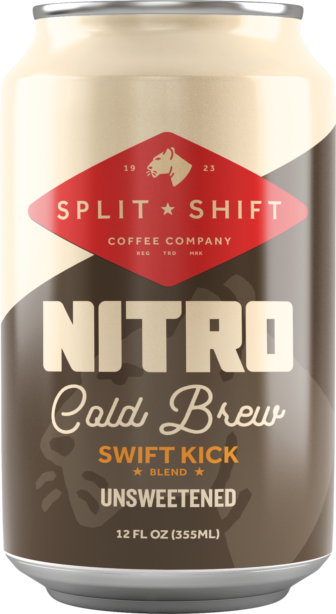 A can of split shift coffee company Nitro Cold Brew, unsweetened, with flavor called Swift Kick Blend. The can is metallic with a cream and black color scheme, and features a red diamond-shaped logo with a lion's profile, the text 'Split Shift' and the year 1923.