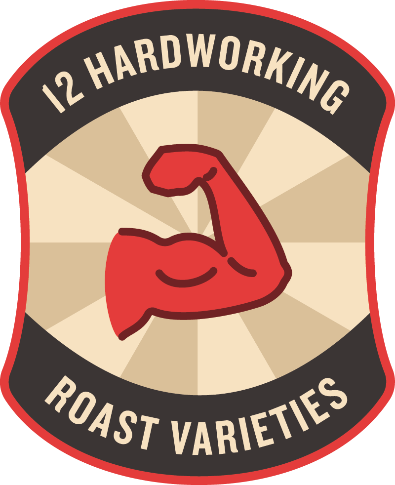 Logo with a flexing arm illustration, text '12 Hardworking Roast Varieties' around the arm, in black, beige, and red colors.