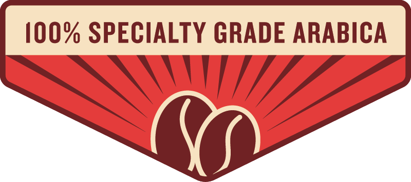 A product label for 100% specialty grade Arabica coffee with a red and beige design, featuring a coffee bean illustration and radiating lines.