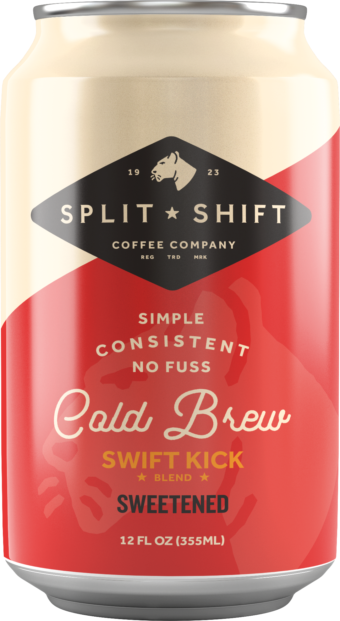 Can of Split Shift Cold Brew coffee with labels indicating it is a simple, consistent, no fuss sweetened blend called Swift Kick.