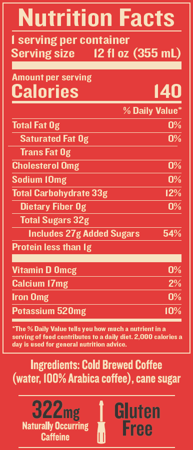 Nutrition facts label for cold brewed coffee with 12 fl oz (355 mL), containing water, 100% Arabica coffee, and cane sugar. It has 140 calories, 33 grams of total carbs, 27 grams of added sugars, 520 mg of potassium, 17 mg of calcium, 0 mg of vitamin D and iron. The drink contains 322 mg of caffeine and is gluten-free.
