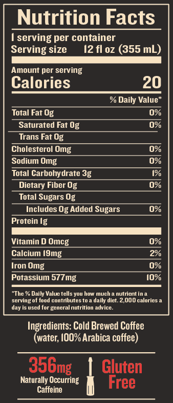 Nutrition facts label for cold brewed coffee with 356 mg of caffeine, gluten free, 20 calories per serving, ingredients: 100% Arabica coffee.