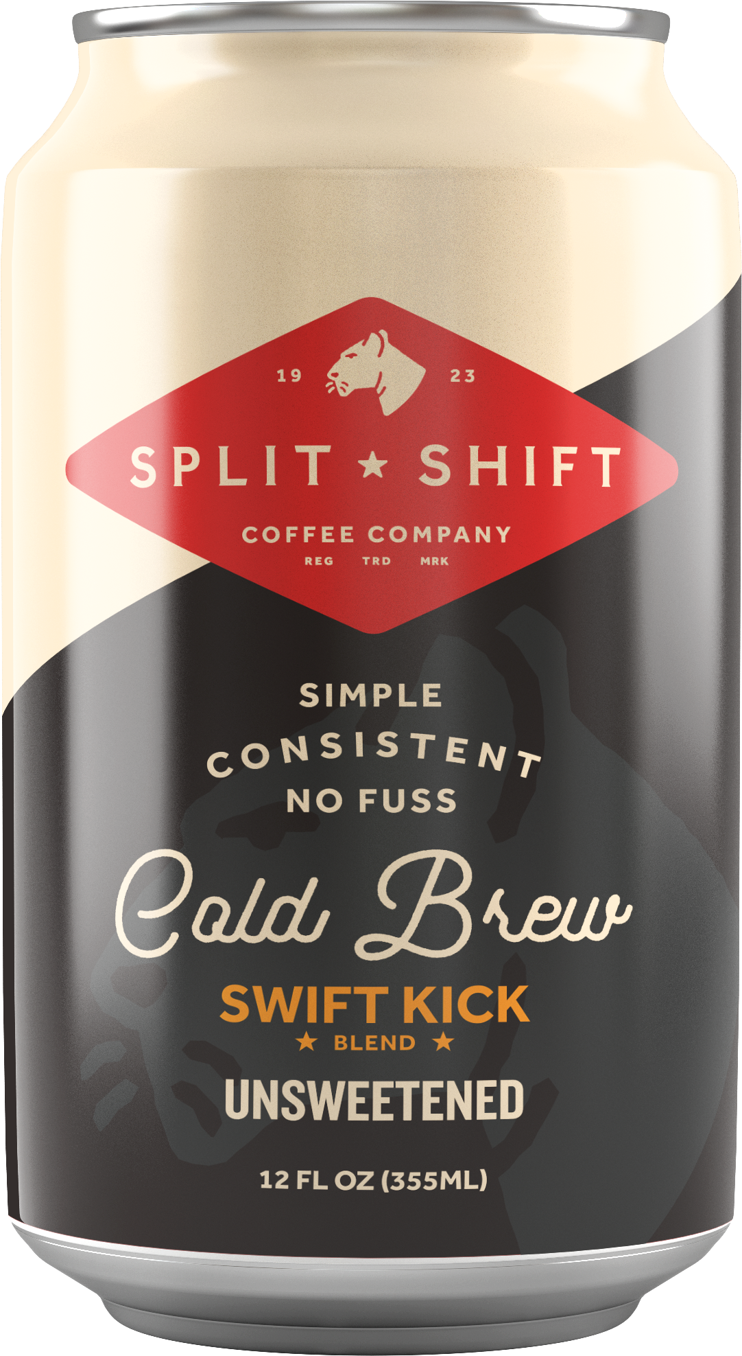 A can of Split Shift Coffee Company Cold Brew Coffee with a black and cream design, labeled as simple, consistent, no fuss, unsweetened, swift kick blend, 355ml, 12 fluid ounces.