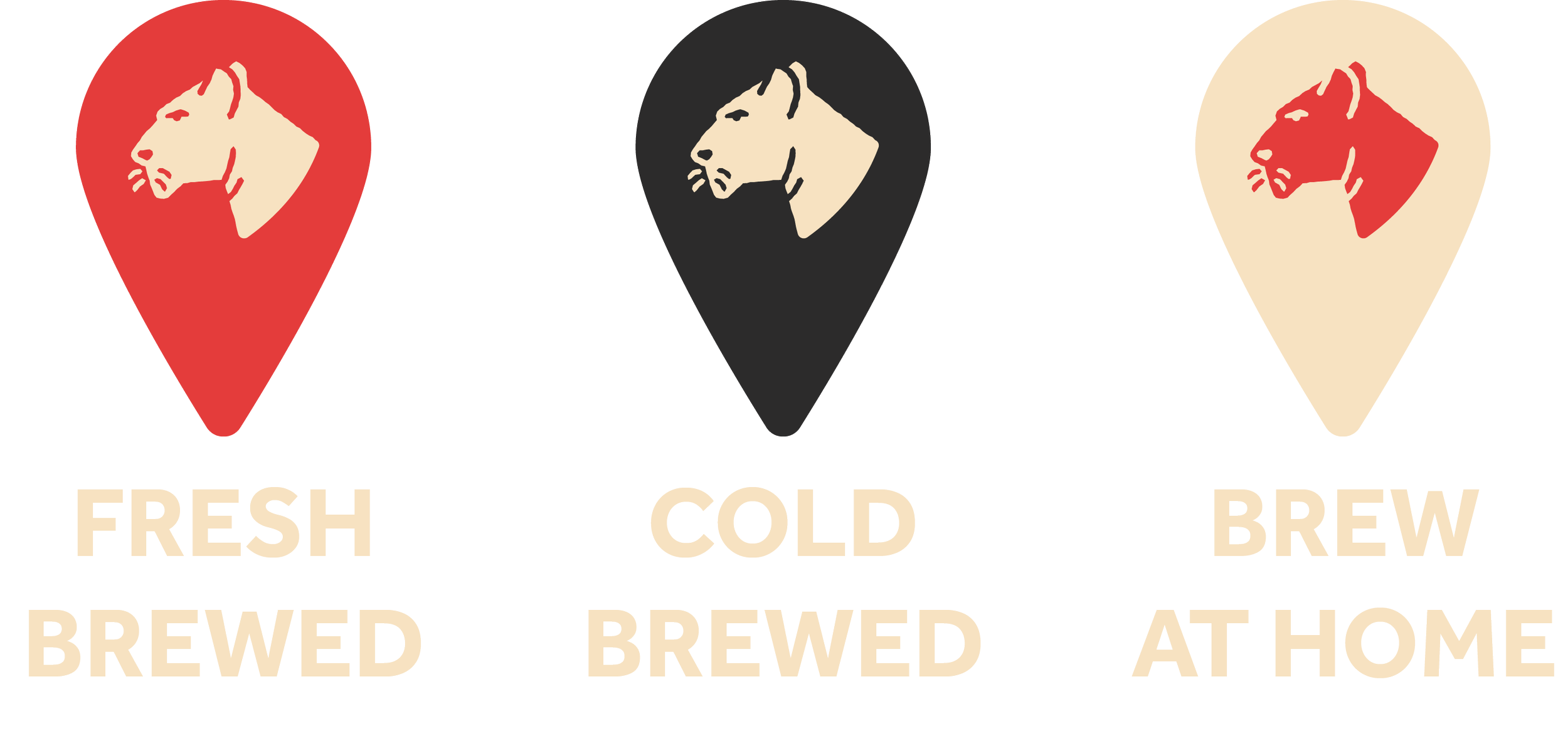 Graphic with three location pins labeled "FRESH BREWED," "COLD BREWED," and "BREW AT HOME," each featuring a stylized lion's head illustration.