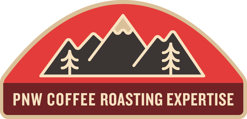 Logo of PNW Coffee Roasting Expertise with mountains and trees.