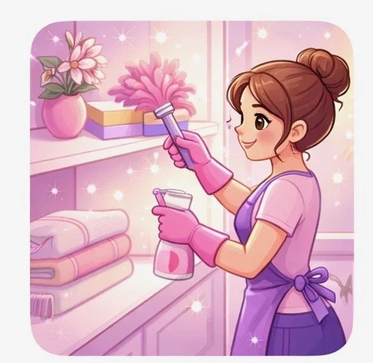 A woman cleaning a shelf with a spray bottle and a cloth, wearing pink gloves and an apron, with pink and purple decor including flowers and neatly folded towels.