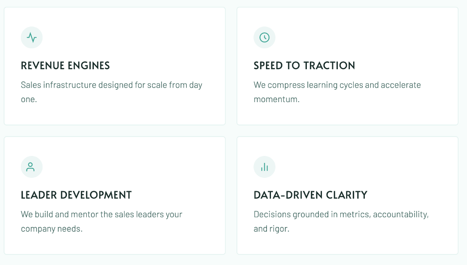 A digital dashboard displaying four sections labeled Revenue Engines, Speed to Traction, Leader Development, and Data-Driven Clarity, each with a brief description related to sales and business growth.