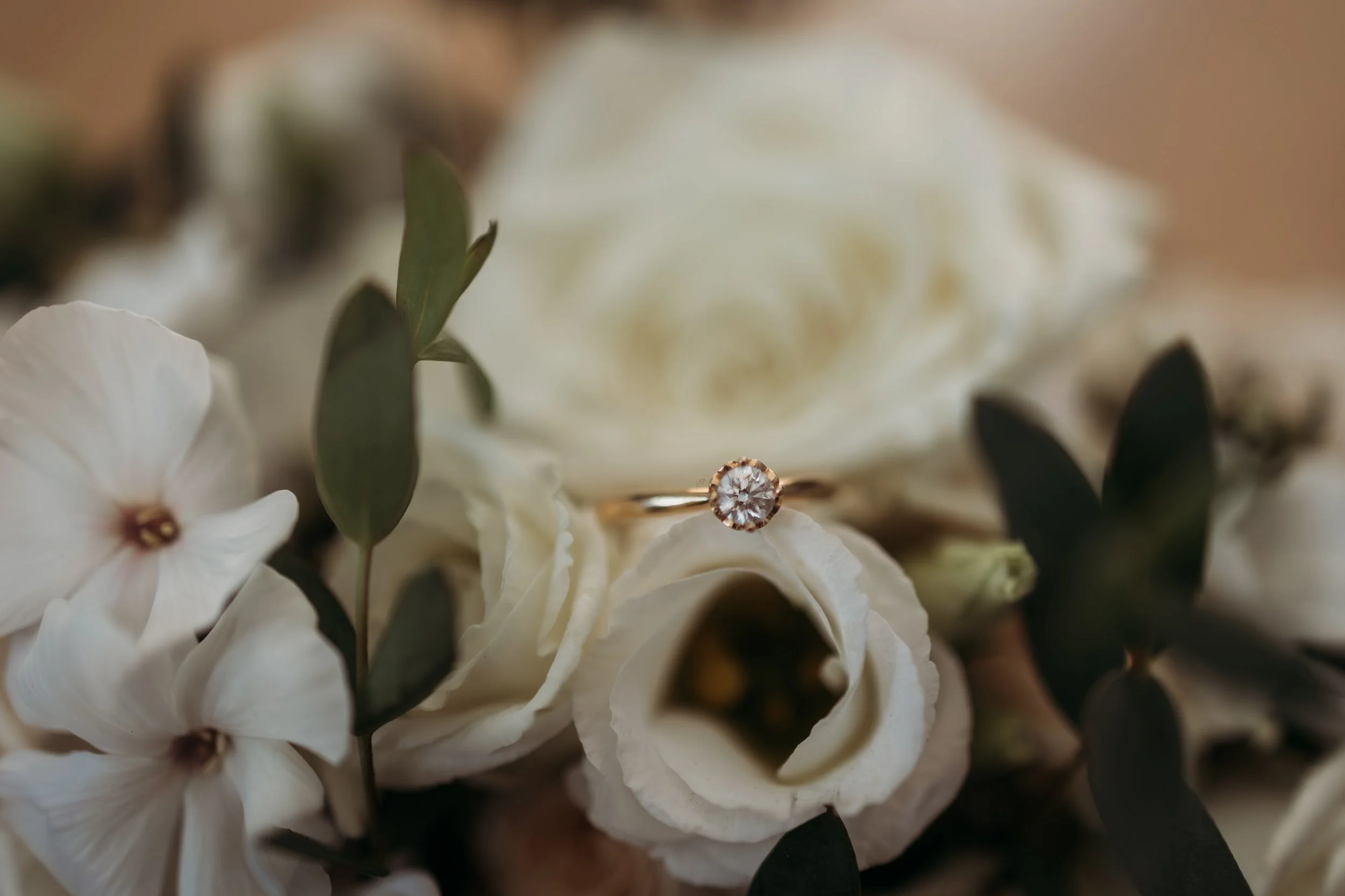 Verlobungsring mit Diamant auf weißen Blumen und grünen Blättern