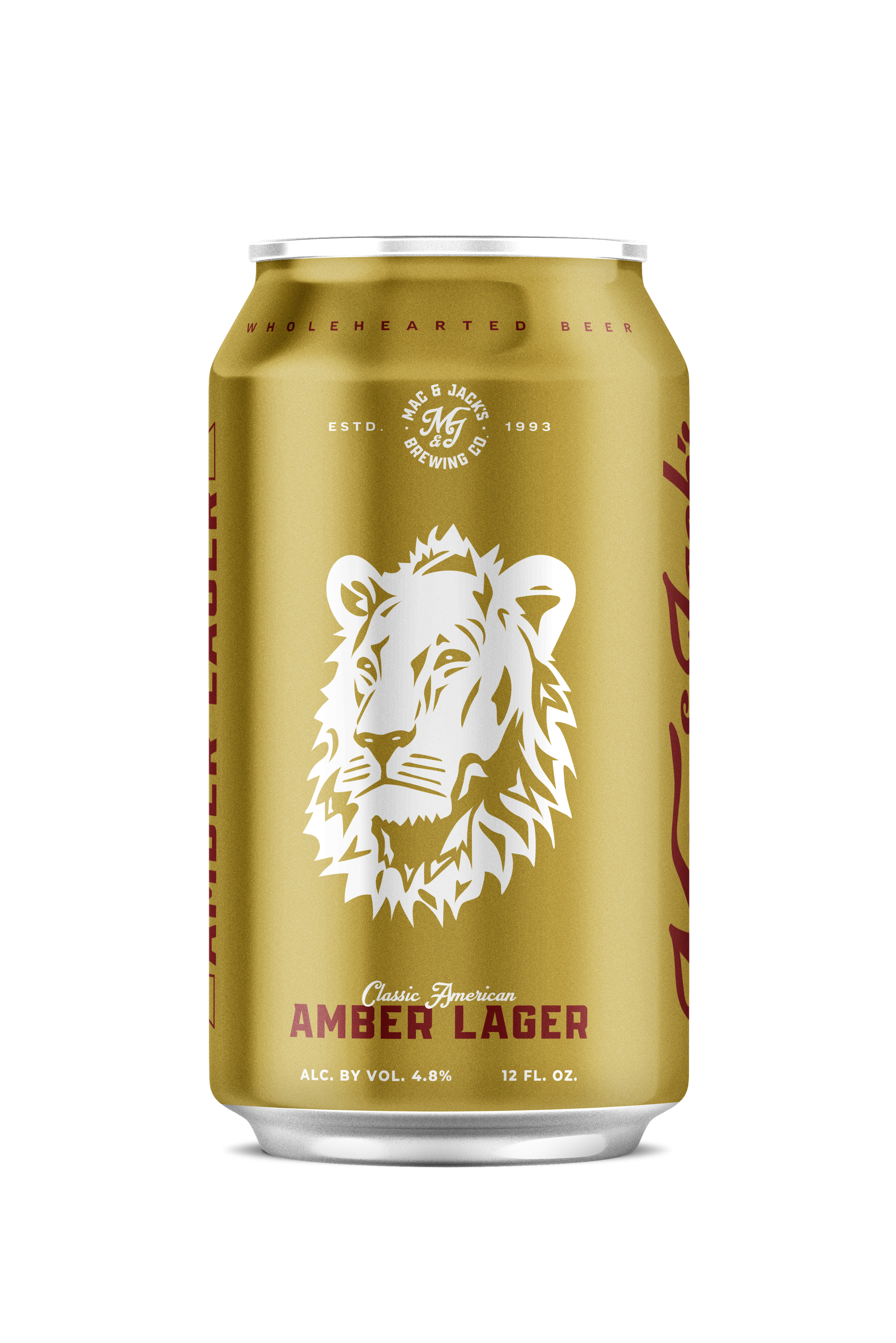 A can of Amber Lager beer from Mac & Jack's Brewing Co., featuring a white lion's head illustration on a gold background, with red and white text.