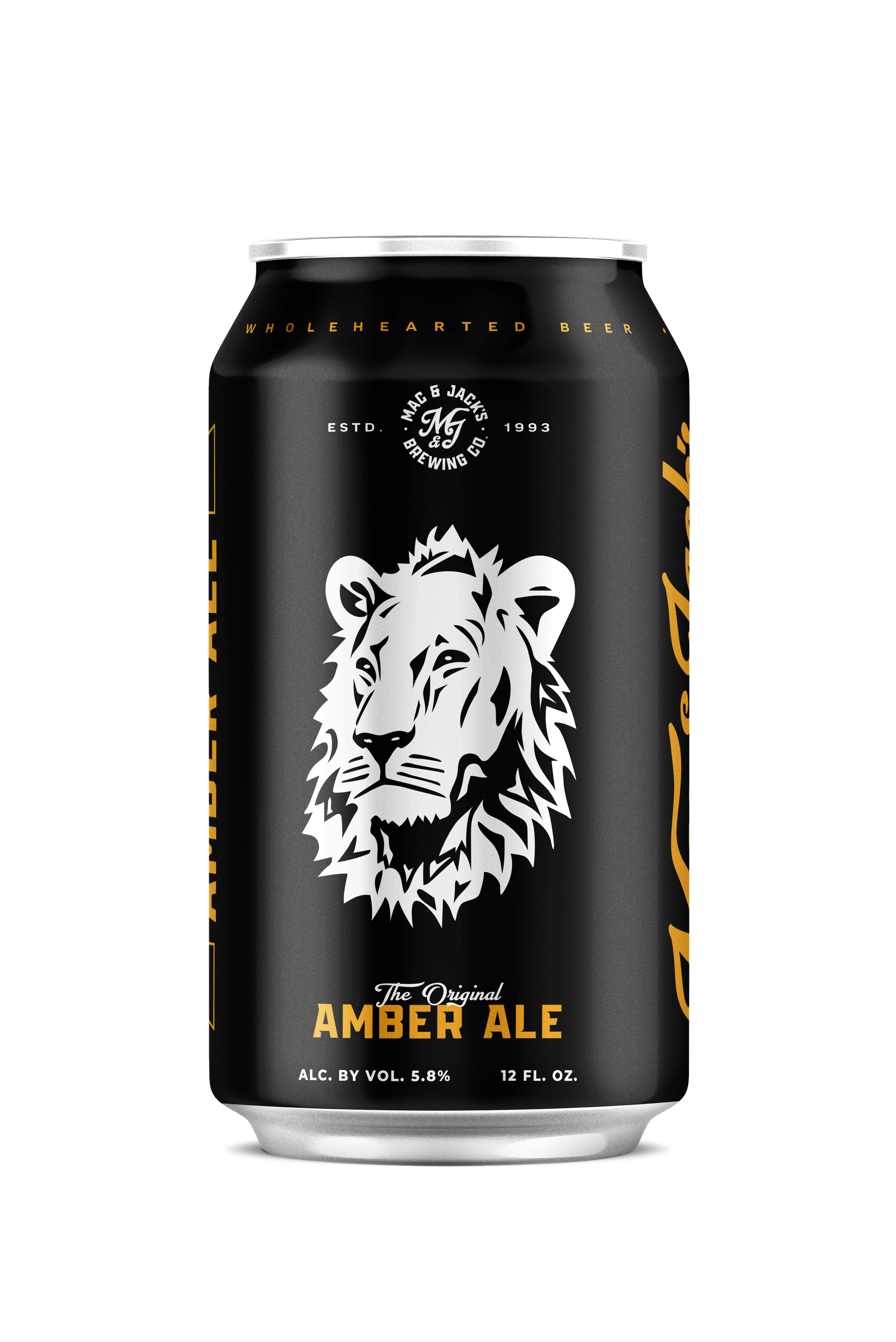 A can of Mac & Jack's Amber Ale beer with a black background, featuring a lion illustration and text indicating it's a 12-ounce can with 5.8% alcohol.