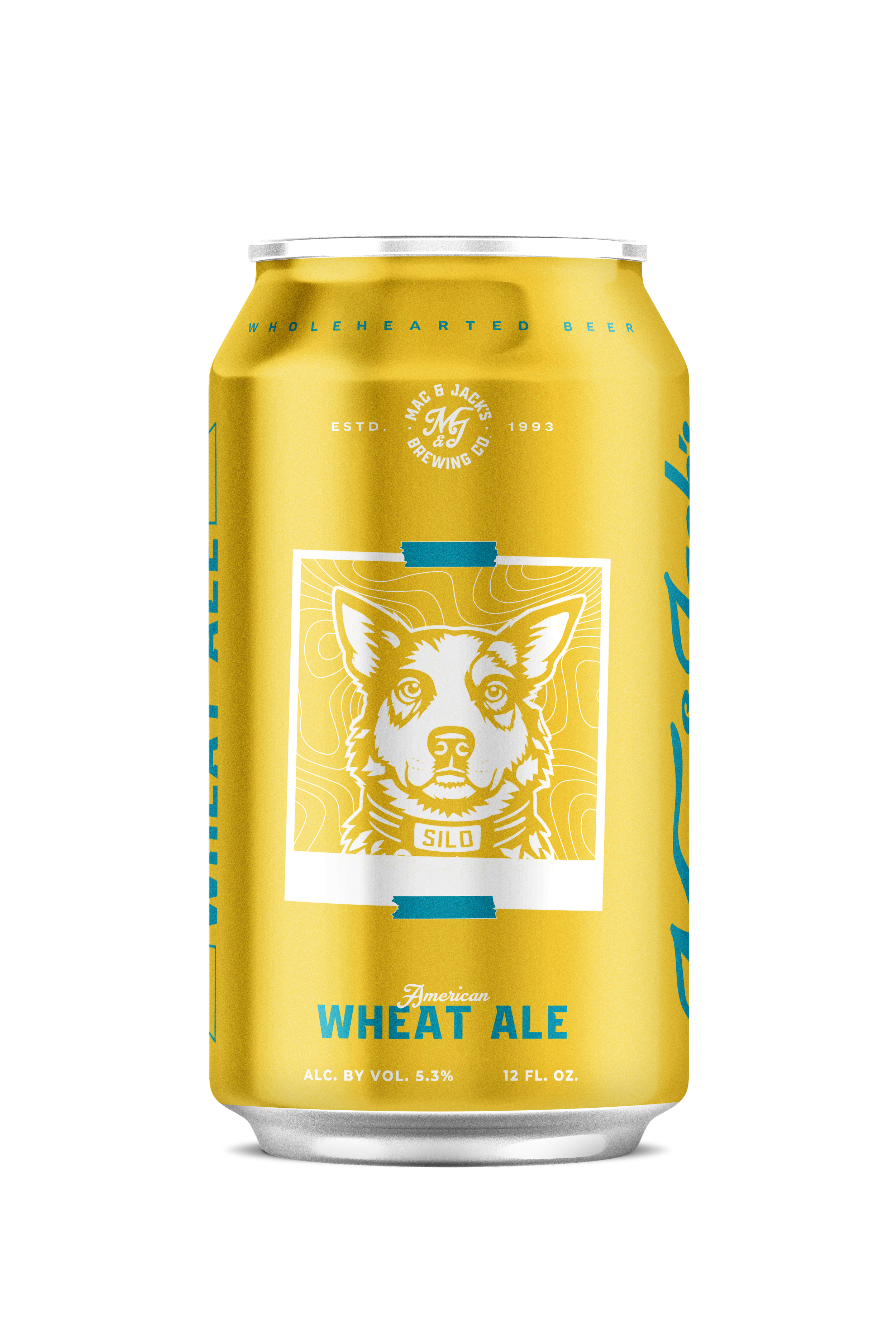 Yellow can of American wheat ale with a dog illustration and blue text.