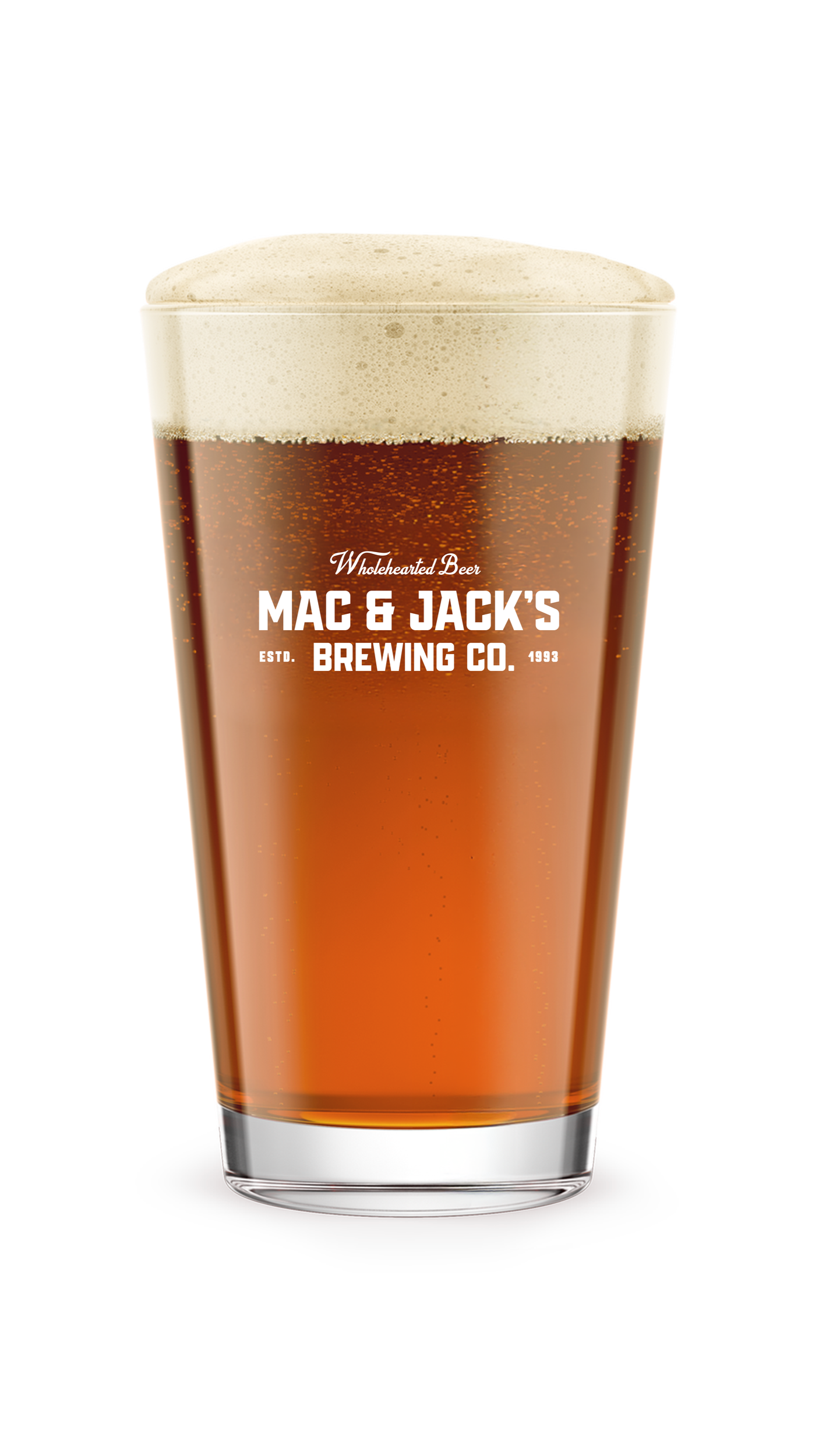 A pint glass of beer with a foamy head, labeled 'Mac & Jack's Brewing Co.' with the text 'Wholehearted Beer' and 'ESTD. 1993'.