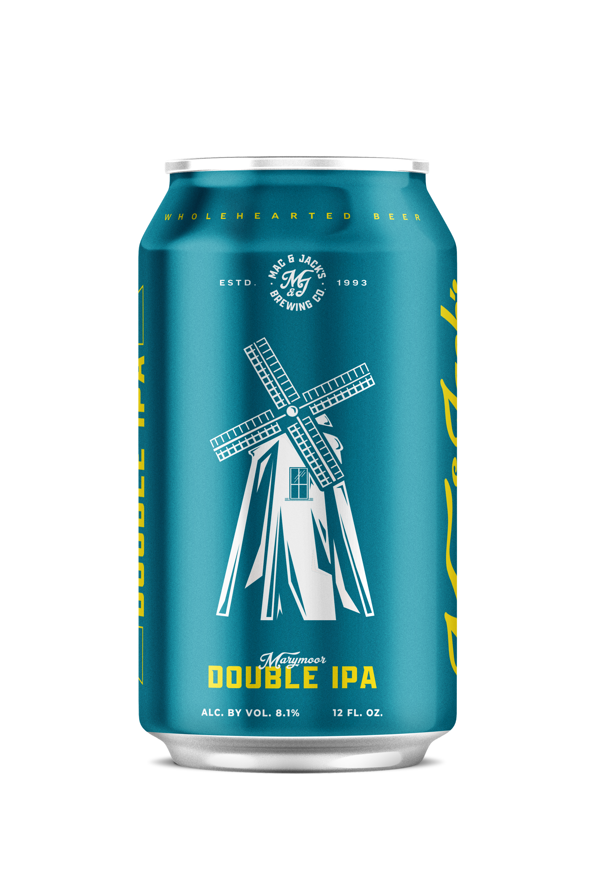 A blue can of Maruyama Double IPA beer with an illustration of a windmill, and the text 'Wholehearted Beer' at the top, and 'ALC. BY VOL. 8.1%' and '12 FL. OZ.' at the bottom.